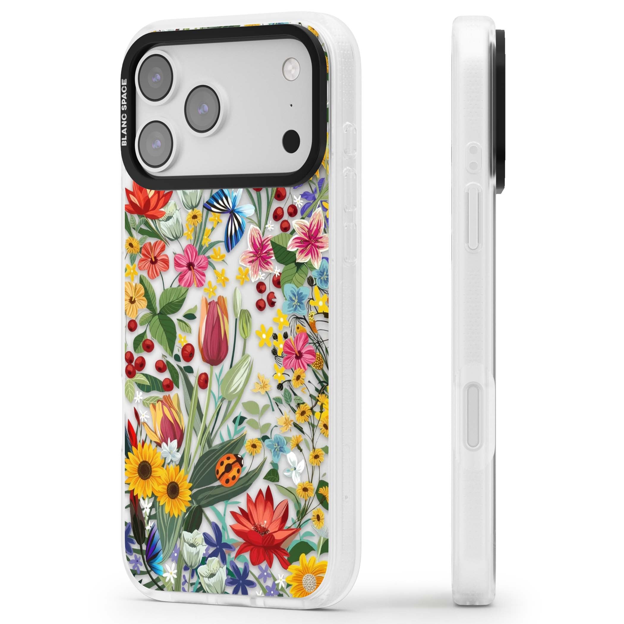 Botanical Bloom cottagecore iPhone case featuring colorful wildflowers, sunflowers, and ladybugs on clear background | Clear Case Impact Air case for iPhone 17 Pro, iPhone 17 Pro Max