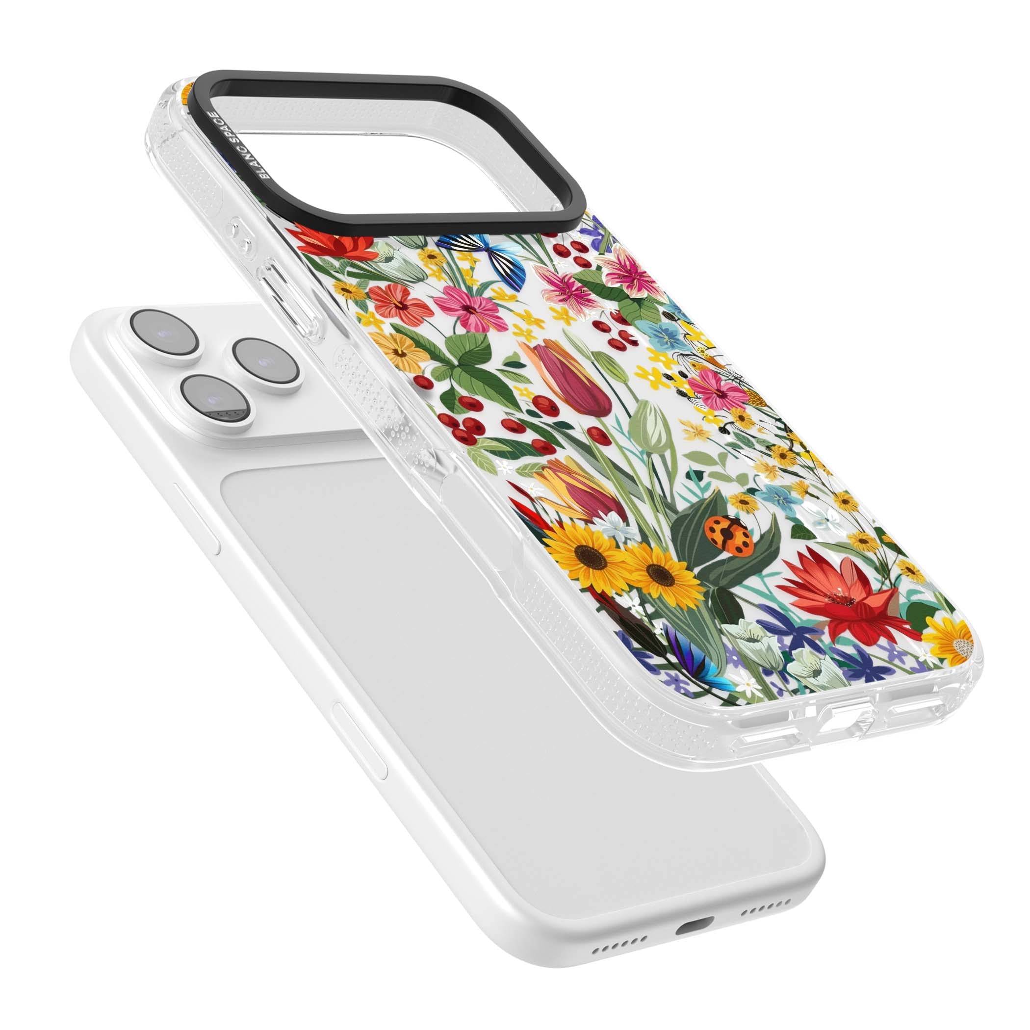 Botanical Bloom cottagecore iPhone case featuring colorful wildflowers, sunflowers, and ladybugs on clear background | Clear Case Impact Air case for iPhone 17 Pro, iPhone 17 Pro Max