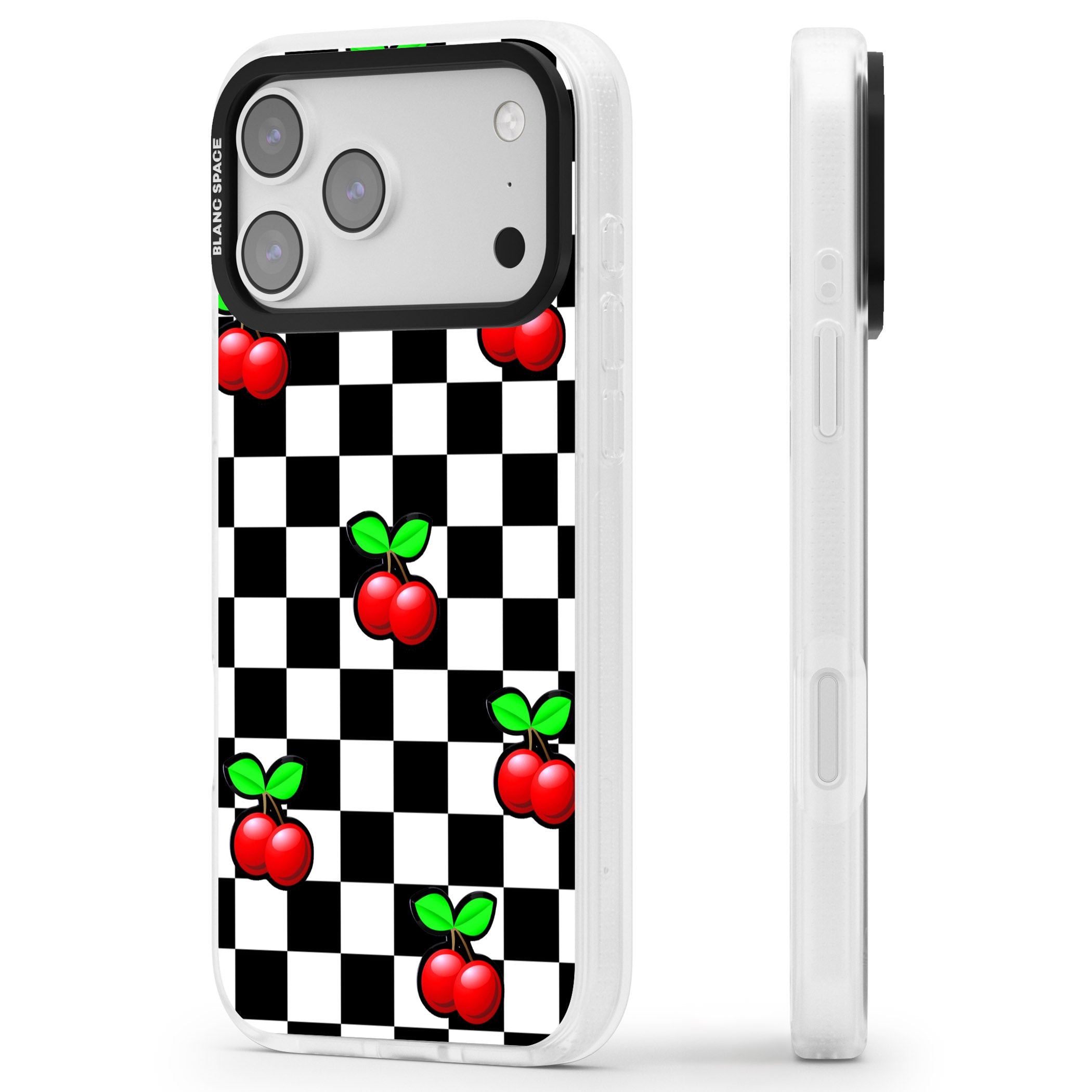 Checkered Cherry iPhone 17 Pro Impact Air Clear Phone Case Side Profile