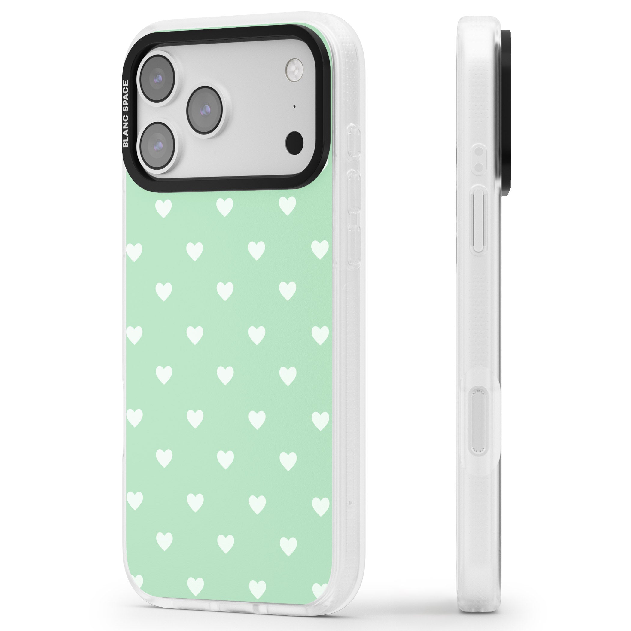 Small Heart Pattern: Green iPhone 17 Pro Max Impact Air Clear Phone Case Side Profile
