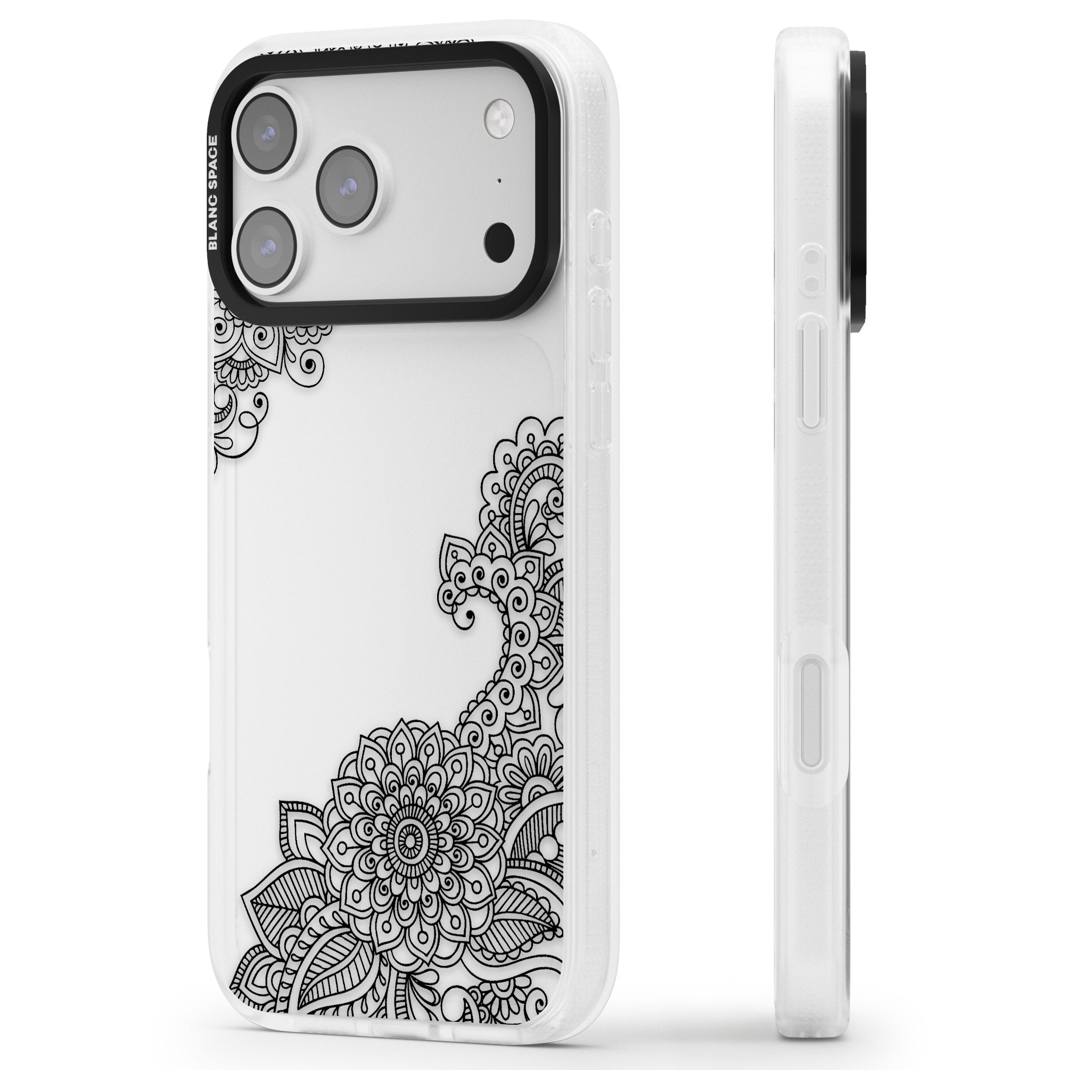 Black Henna Botanicals iPhone 17 Pro Impact Air Clear Phone Case Side Profile