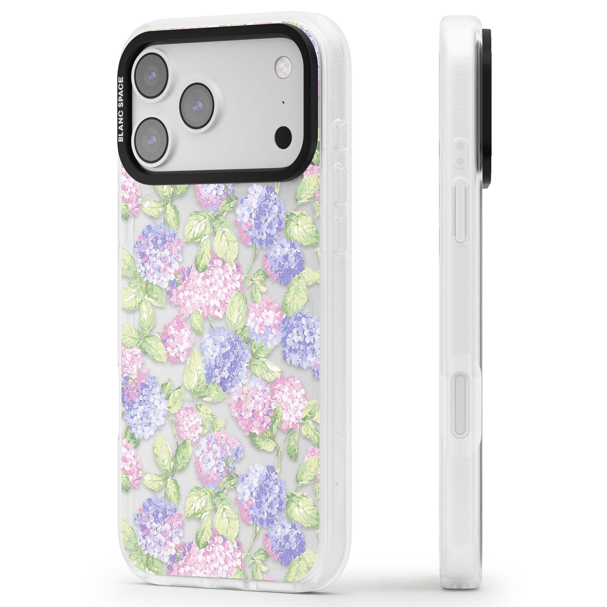 Cottage Hydrangea cottagecore iPhone case featuring pink and purple hydrangea blooms with green leaves on a clear background | Clear Case Impact Air case for iPhone 17 Pro, iPhone 17 Pro Max