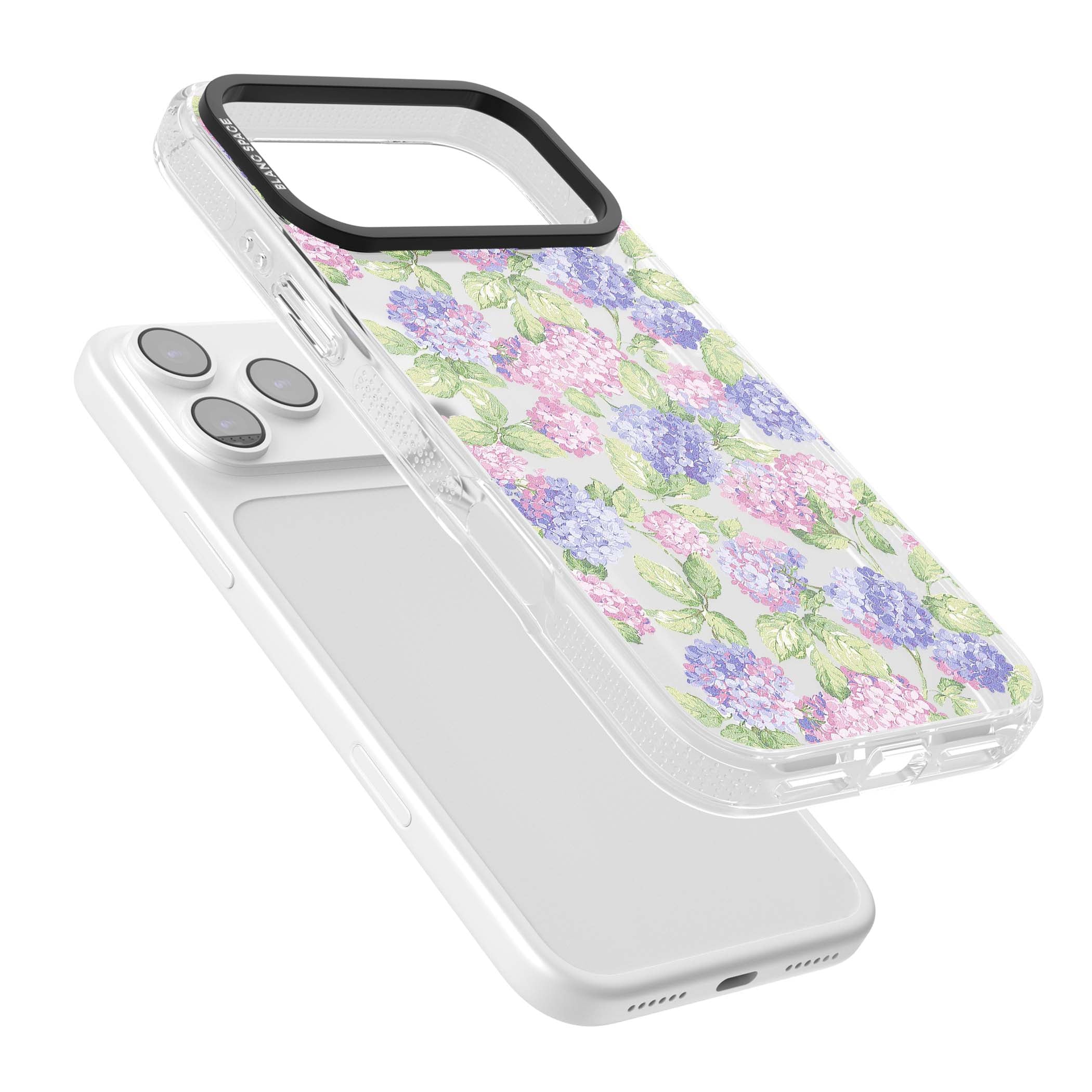 Cottage Hydrangea cottagecore iPhone case featuring pink and purple hydrangea blooms with green leaves on a clear background | Clear Case Impact Air case for iPhone 17 Pro, iPhone 17 Pro Max