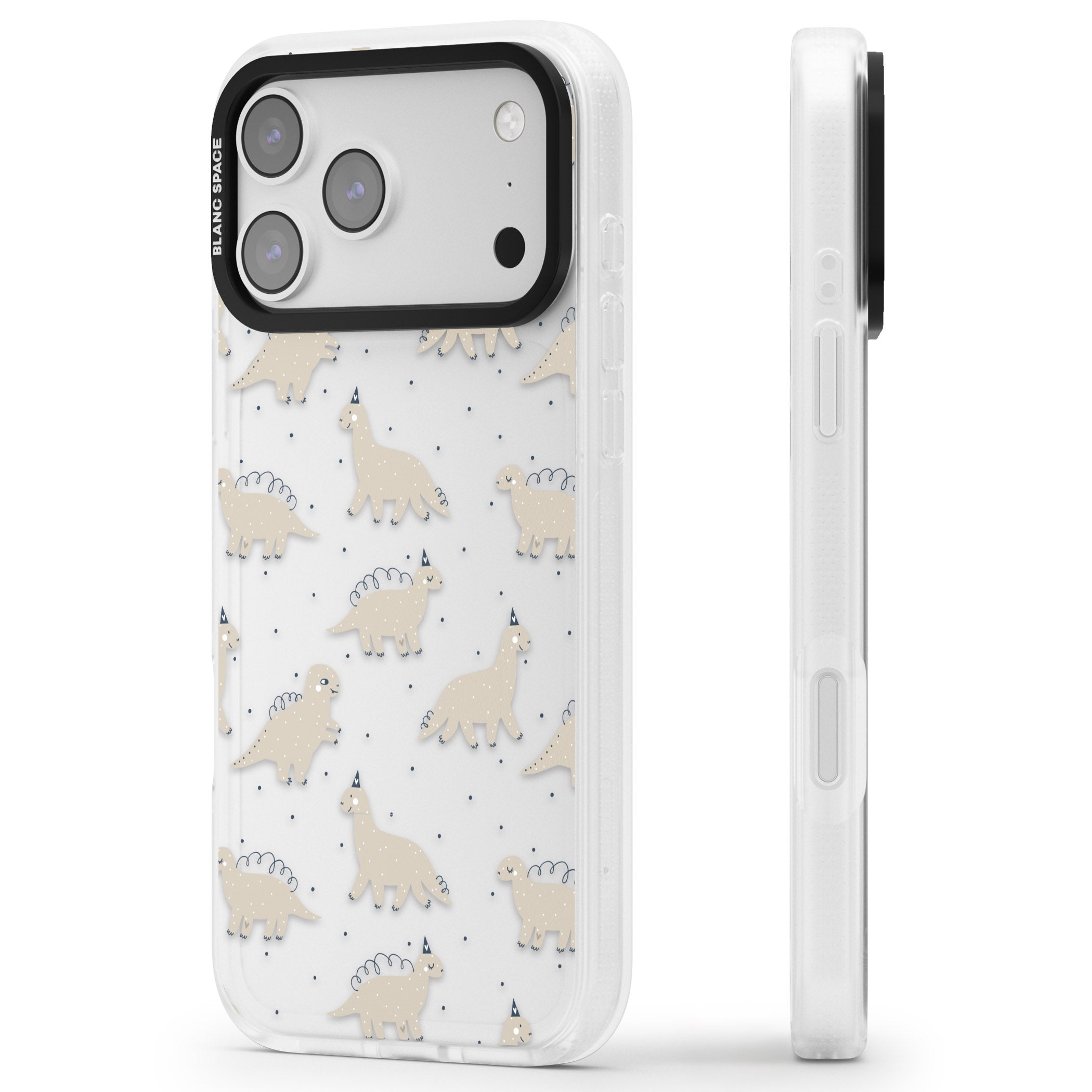 Adorable Dino Pattern iPhone 17 Pro Impact Air Clear Phone Case Side Profile