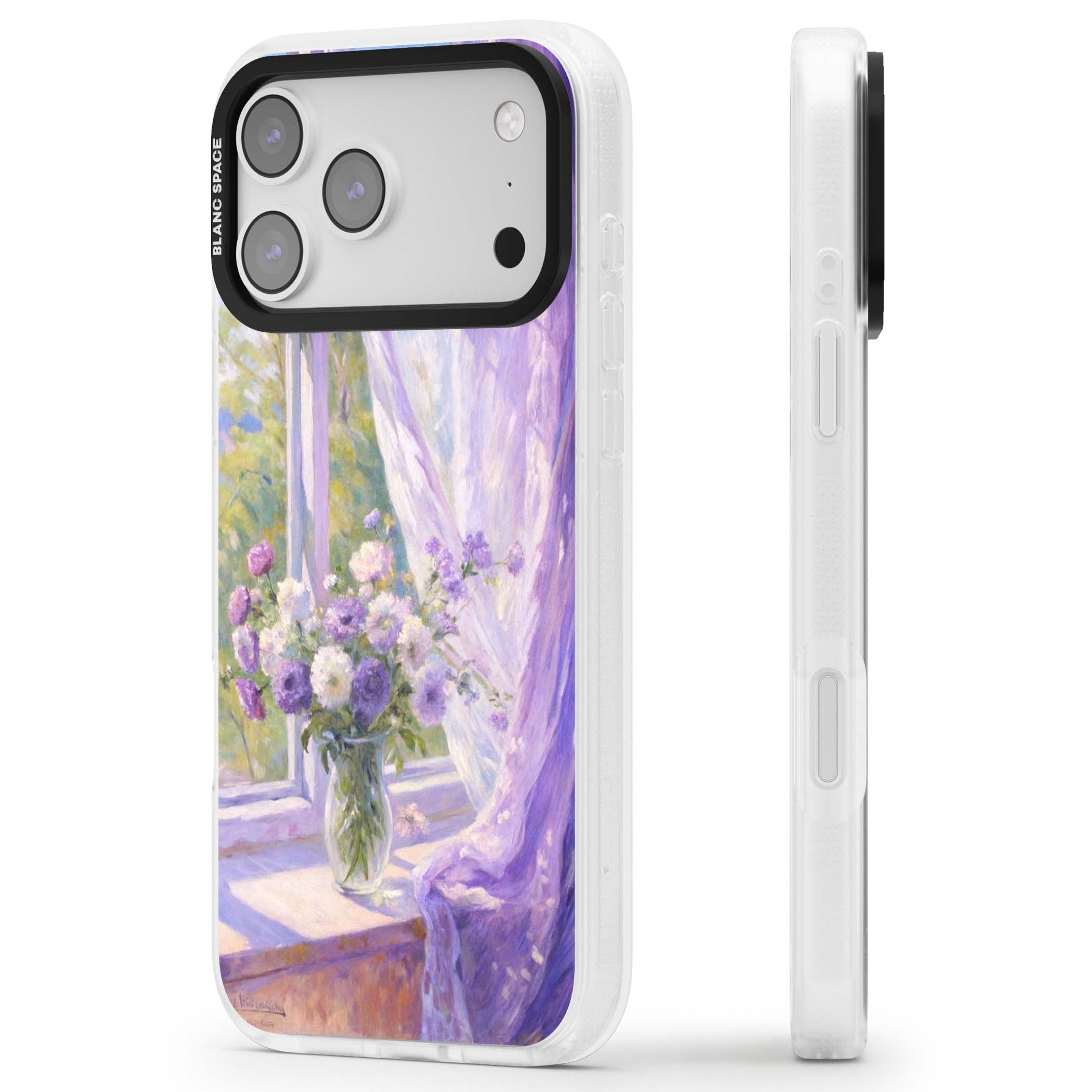 A Provence Morning impressionist art iPhone case featuring a vase of purple flowers, sunlit window and sheer curt | Clear Case Impact Air case for iPhone 17 Pro, iPhone 17 Pro Max