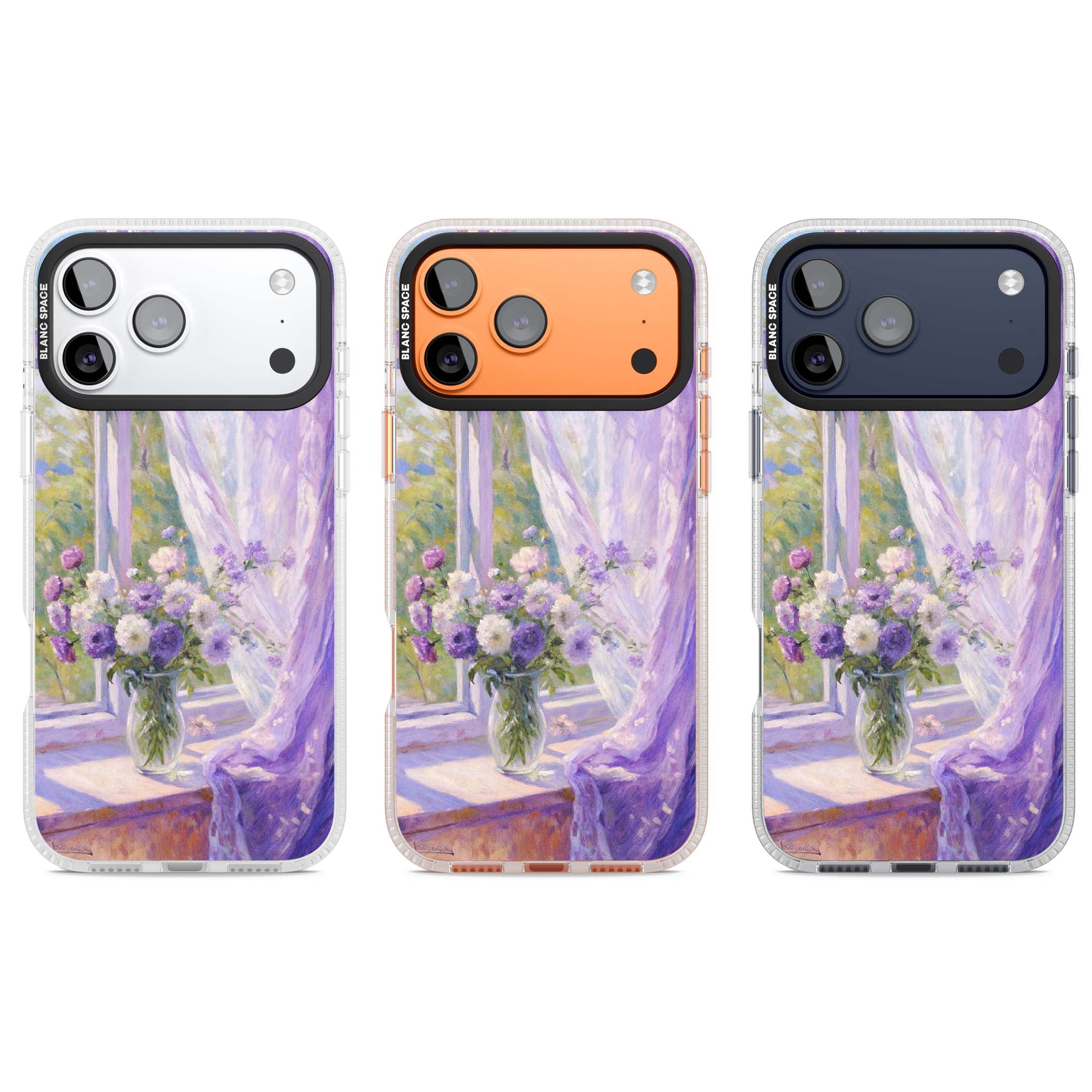 A Provence Morning impressionist art iPhone case featuring a vase of purple flowers, sunlit window and sheer curt | Clear Case Impact Air case for iPhone 17 Pro, iPhone 17 Pro Max