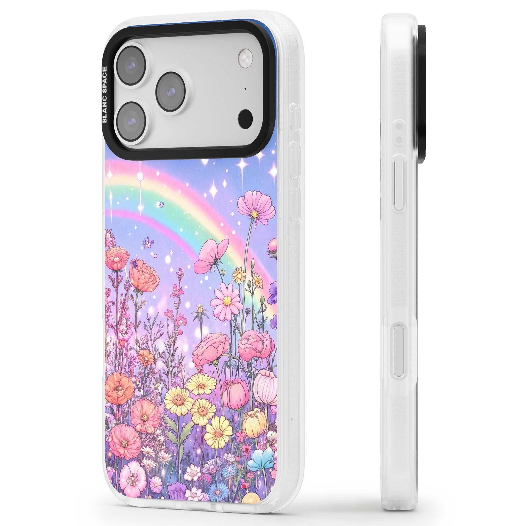 Magical Meadow fairycore iPhone case featuring a pastel rainbow, sparkling stars and a wildflower meadow | Clear Case Impact Air case for iPhone 17 Pro, iPhone 17 Pro Max