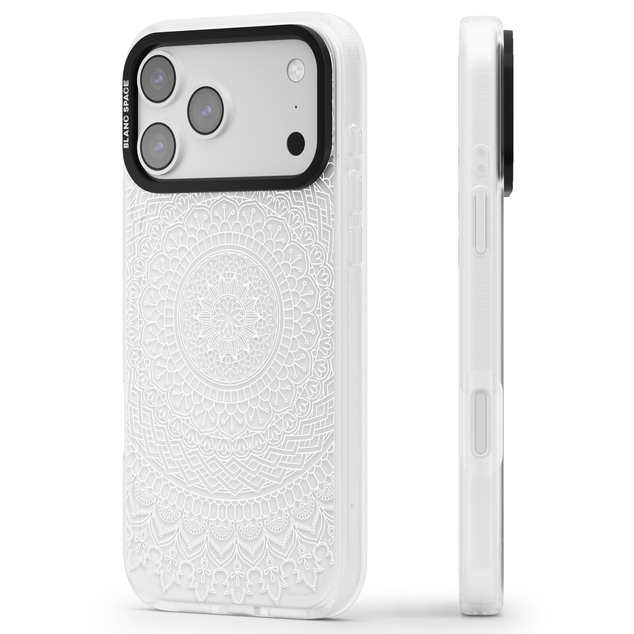 Intricate White Mandala iPhone 17 Pro Impact Air Clear Phone Case Side Profile