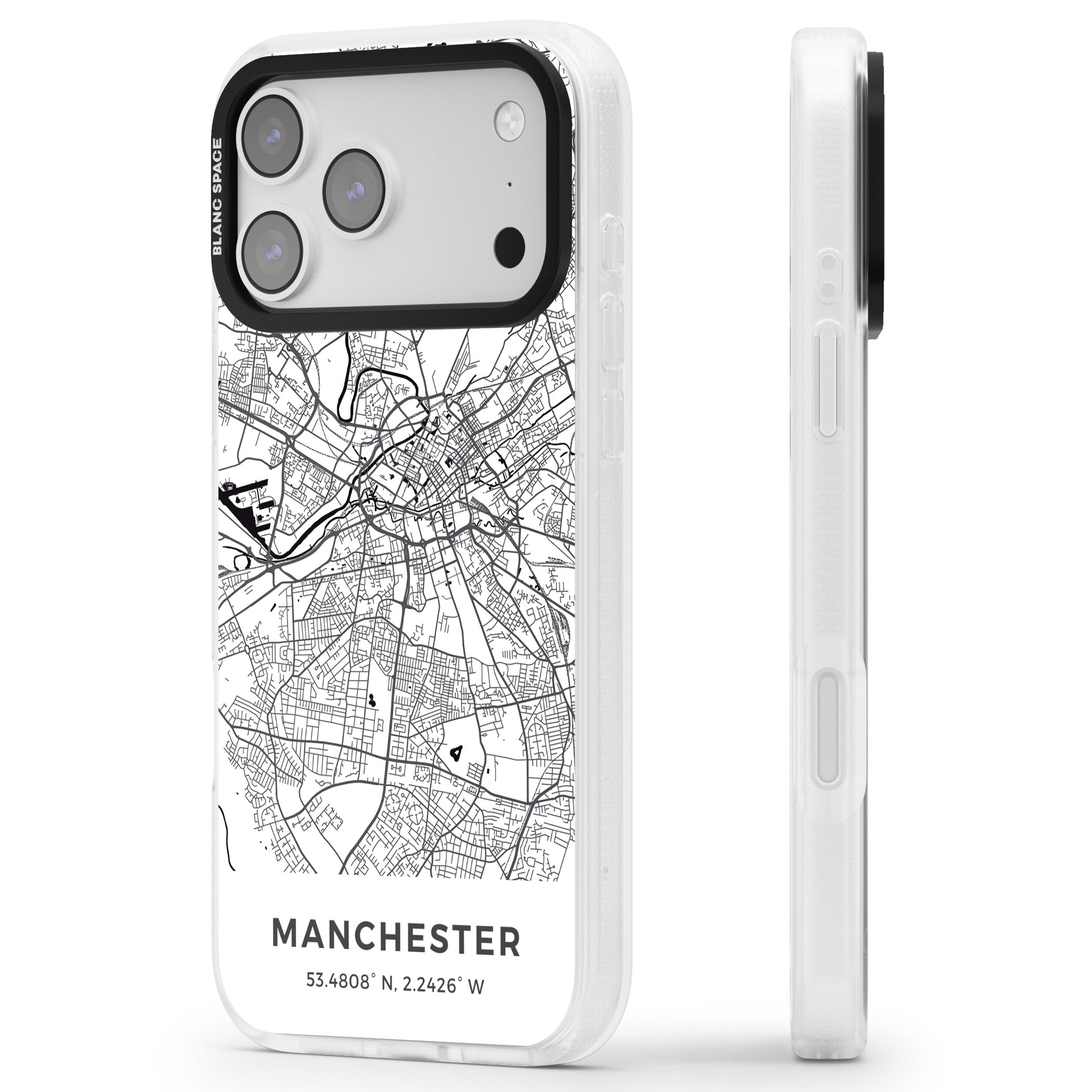 Manchester Map iPhone 17 Pro Impact Air Clear Phone Case Side Profile