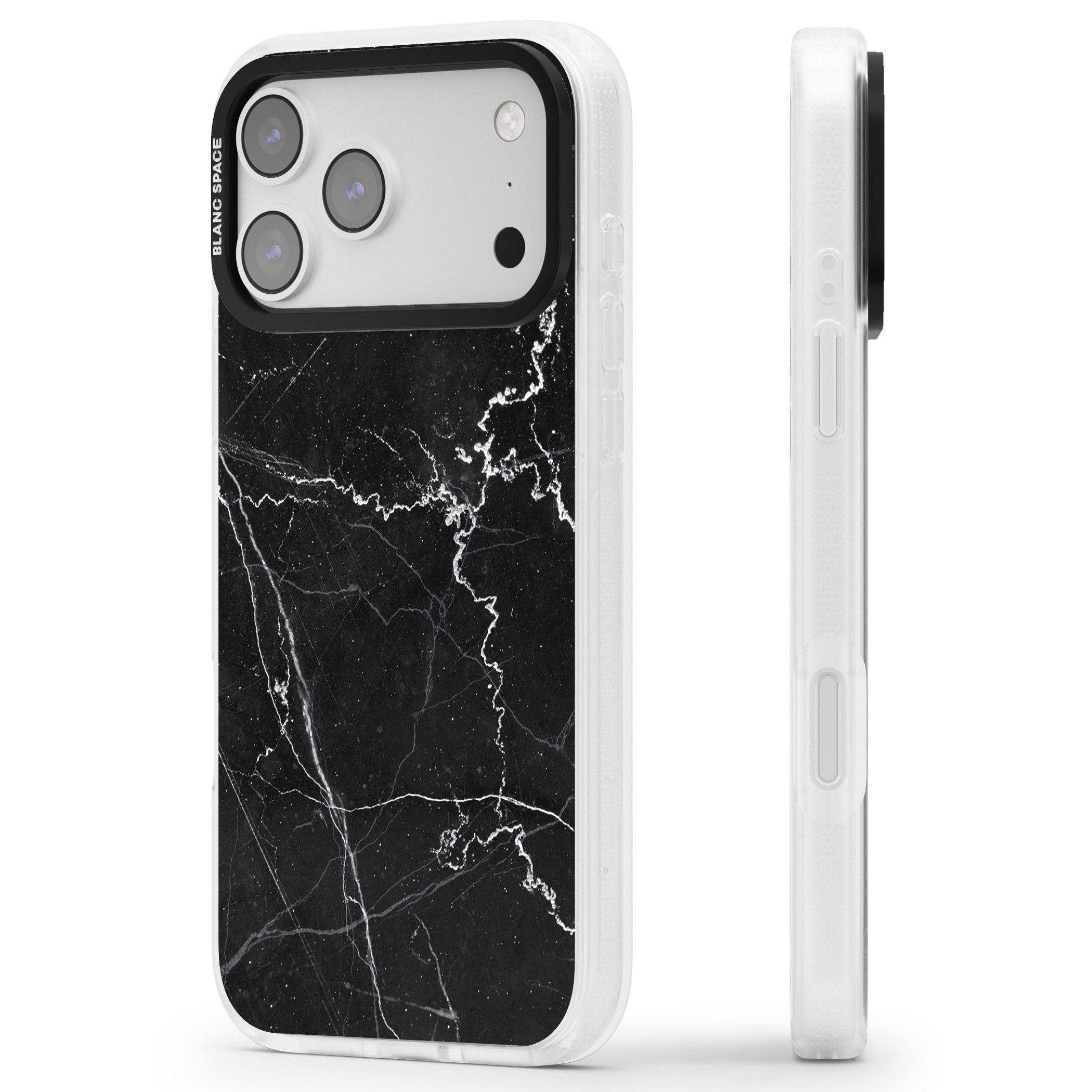 Bold Black Marble With White Texture iPhone 17 Pro Impact Air Clear Phone Case Side Profile
