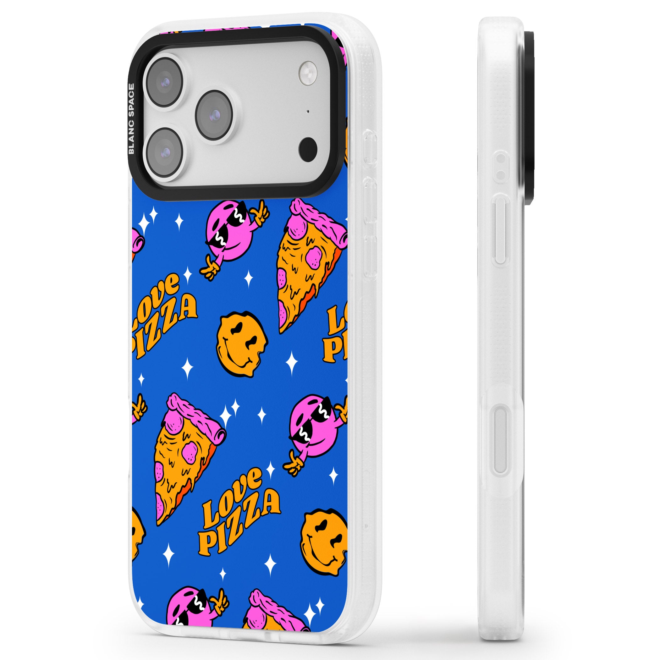 Psychedelic Love Pizza Pattern iPhone 17 Pro Impact Air Clear Phone Case Side Profile