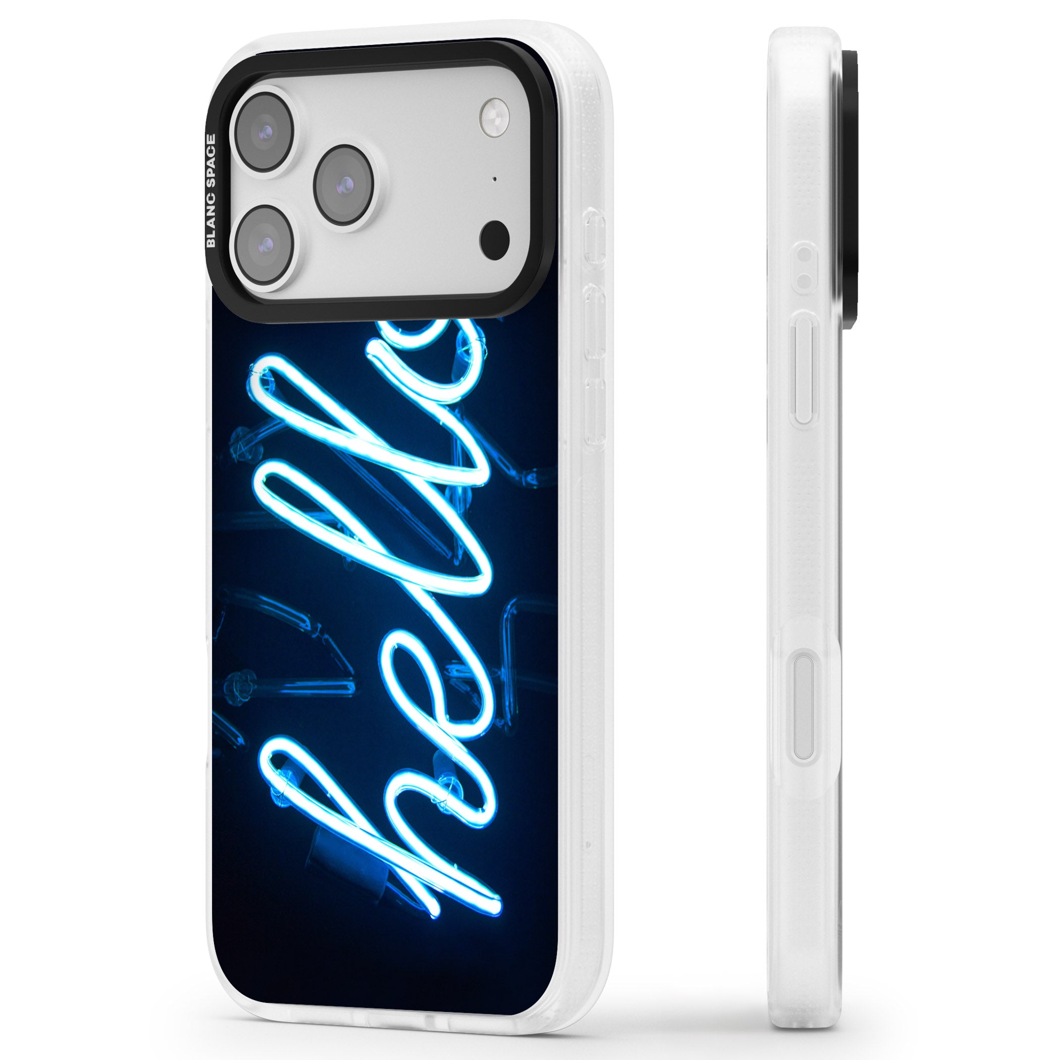 Hello Neon Sign iPhone 17 Pro Impact Air Clear Phone Case Side Profile