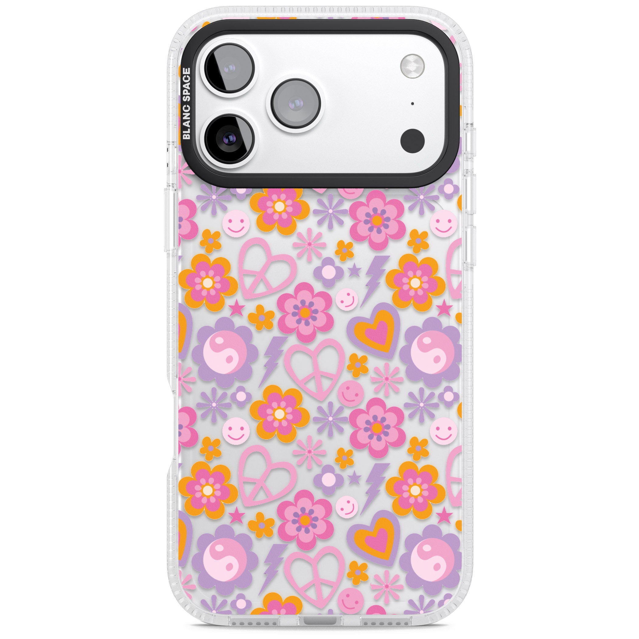 Peace, Love And Flowers Pattern iPhone 17 Pro Impact Air Clear Phone Case