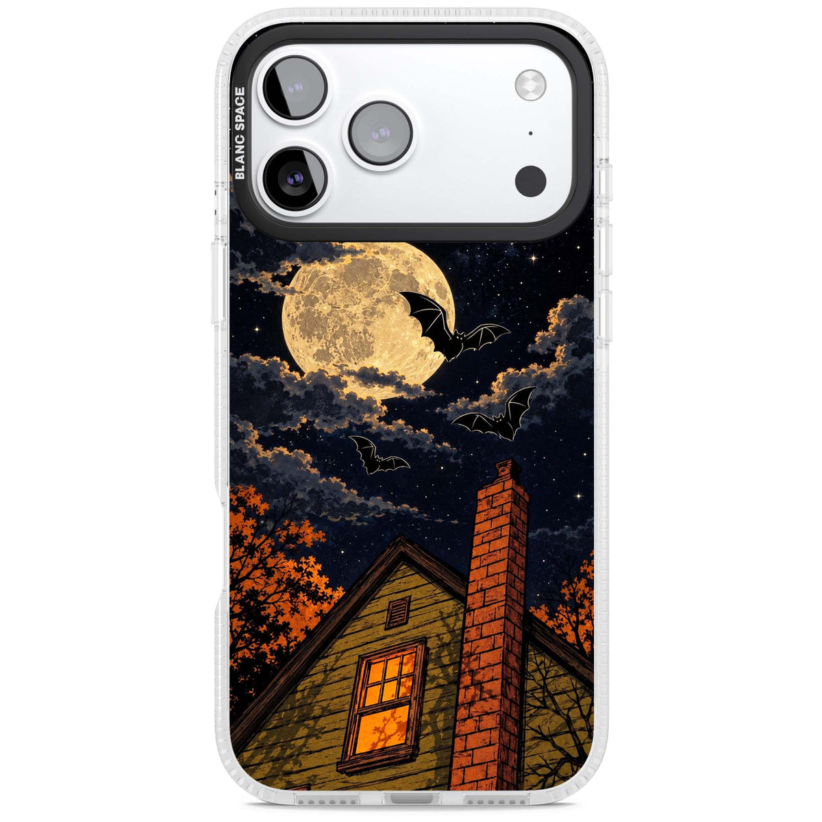 Hollows Eve Halloween iPhone case featuring a haunted house, full moon and flying bats against a starry autumn sky | Clear Case Impact Air case for iPhone 17 Pro, iPhone 17 Pro Max
