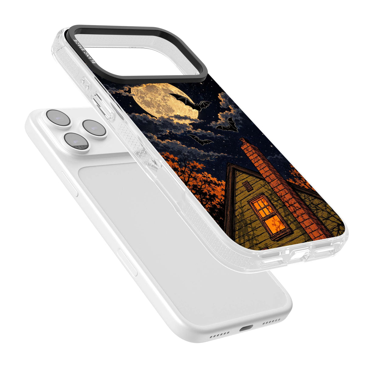 Hollows Eve Halloween iPhone case featuring a haunted house, full moon and flying bats against a starry autumn sky | Clear Case Impact Air case for iPhone 17 Pro, iPhone 17 Pro Max