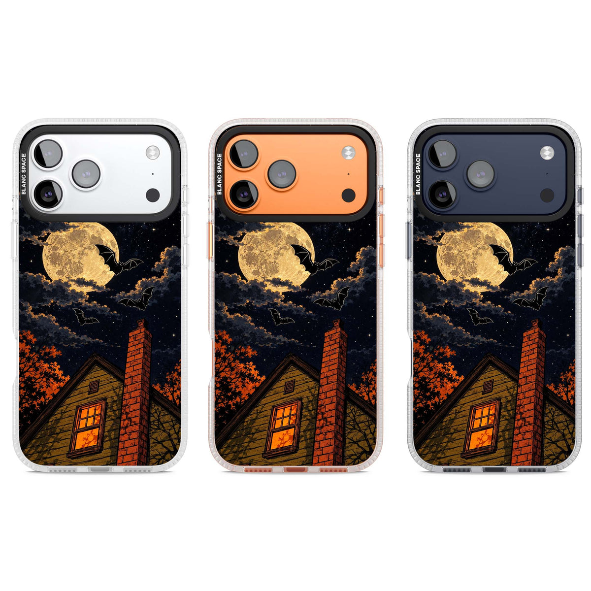Hollows Eve Halloween iPhone case featuring a haunted house, full moon and flying bats against a starry autumn sky | Clear Case Impact Air case for iPhone 17 Pro, iPhone 17 Pro Max