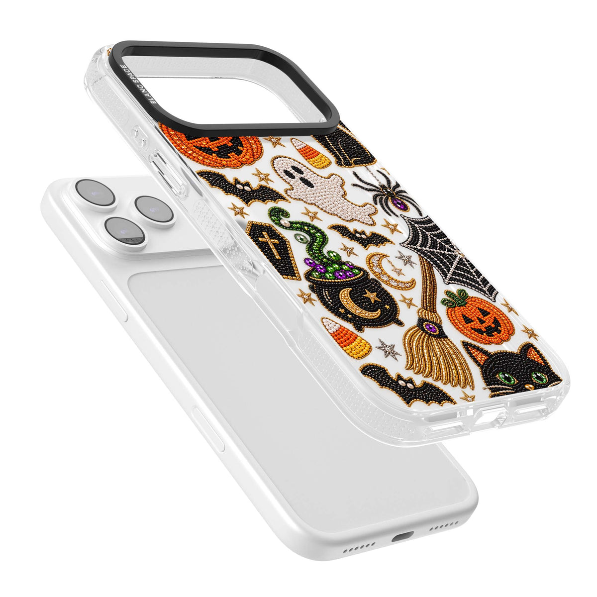 Beaded Halloween Halloween iPhone case featuring beaded pumpkins, ghosts, black cats and bats | Clear Case Impact Air case for iPhone 17 Pro, iPhone 17 Pro Max