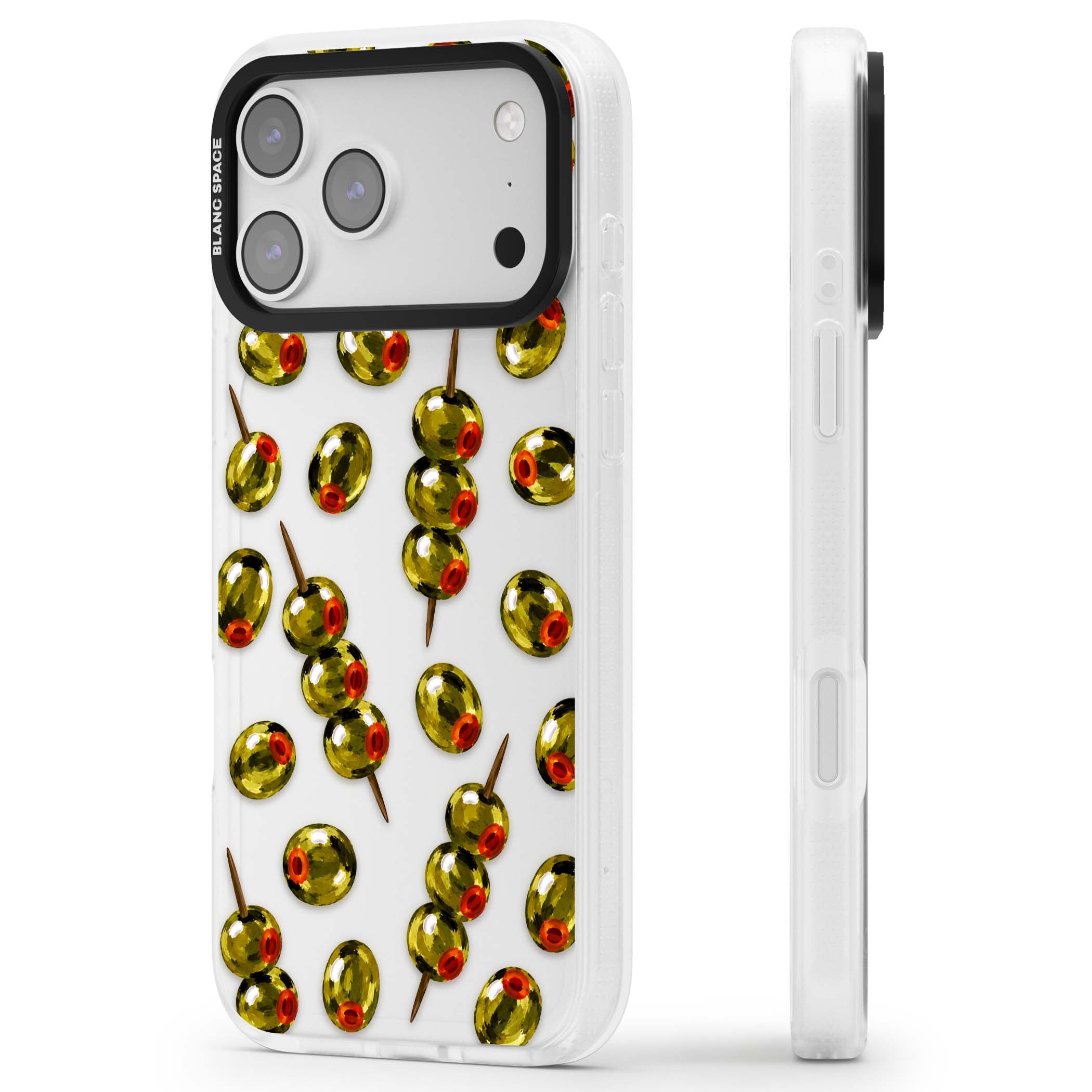 Painted Olives cocktail iPhone case featuring green olives, pimento centres and toothpick skewers on a clear background | Clear Case Impact Air case for iPhone 17 Pro, iPhone 17 Pro Max