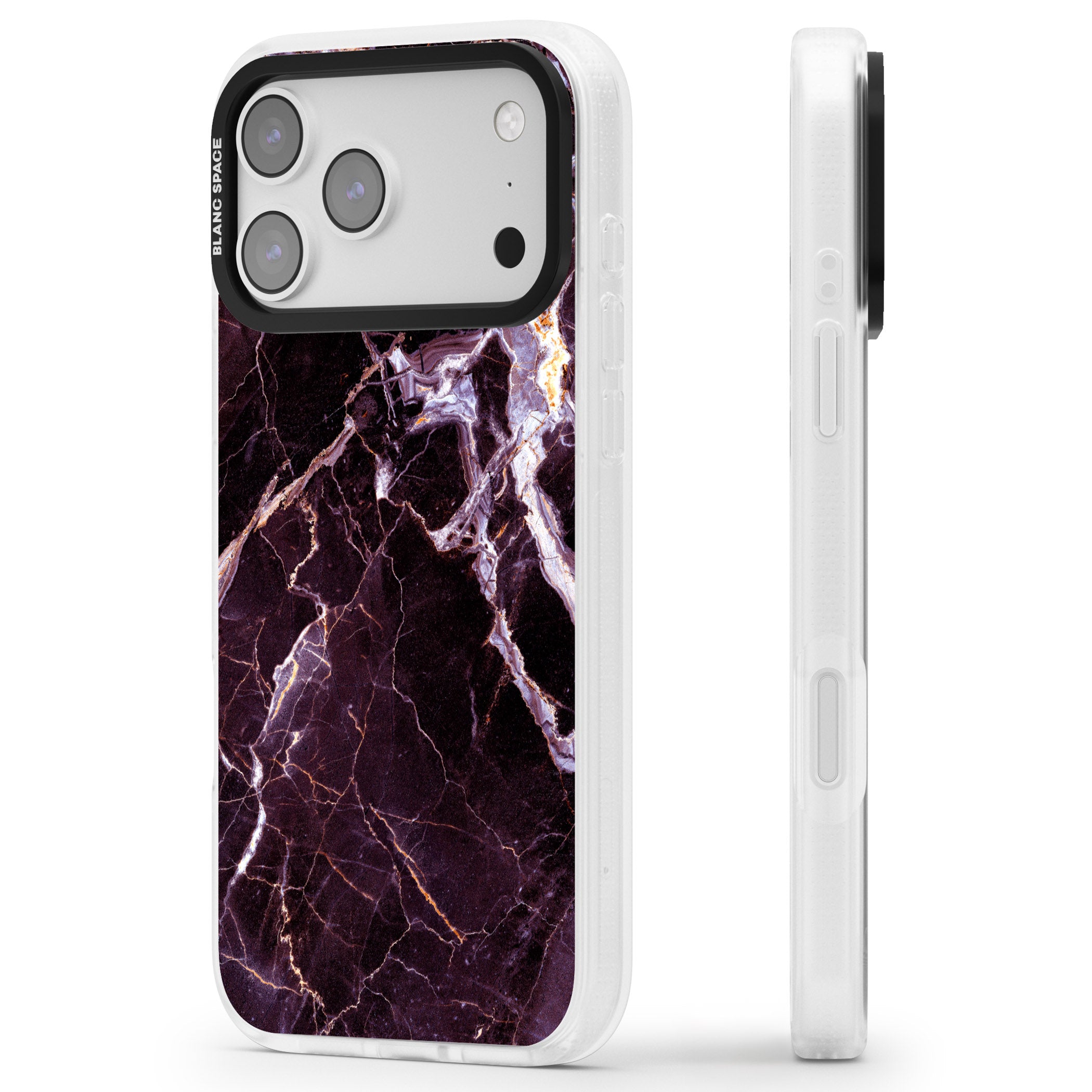 Violet Shatter Marble iPhone 17 Pro Impact Air Clear Phone Case Side Profile