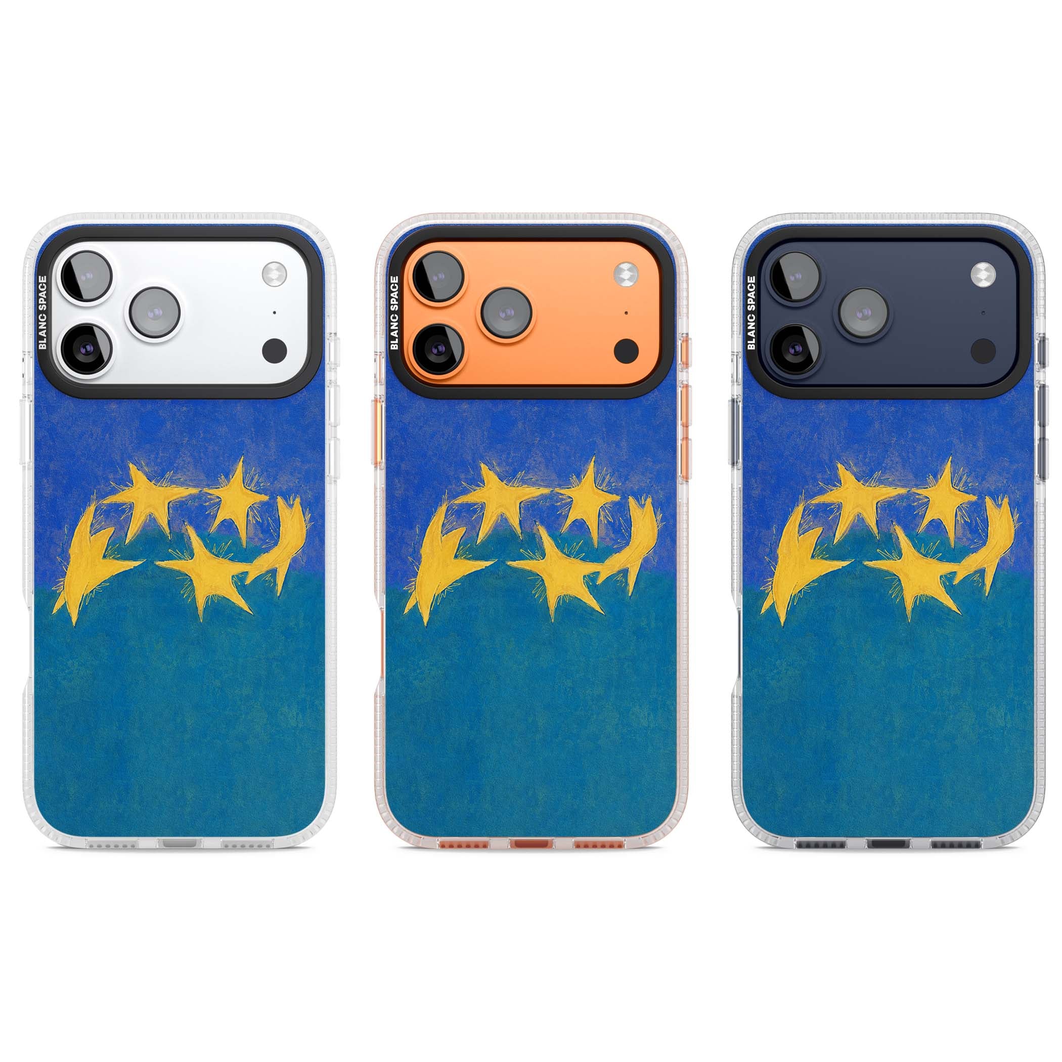 Star Boogie stars aesthetic iPhone case featuring five yellow hand-painted stars on cobalt blue and teal | Clear Case Impact Air case for iPhone 17 Pro, iPhone 17 Pro Max