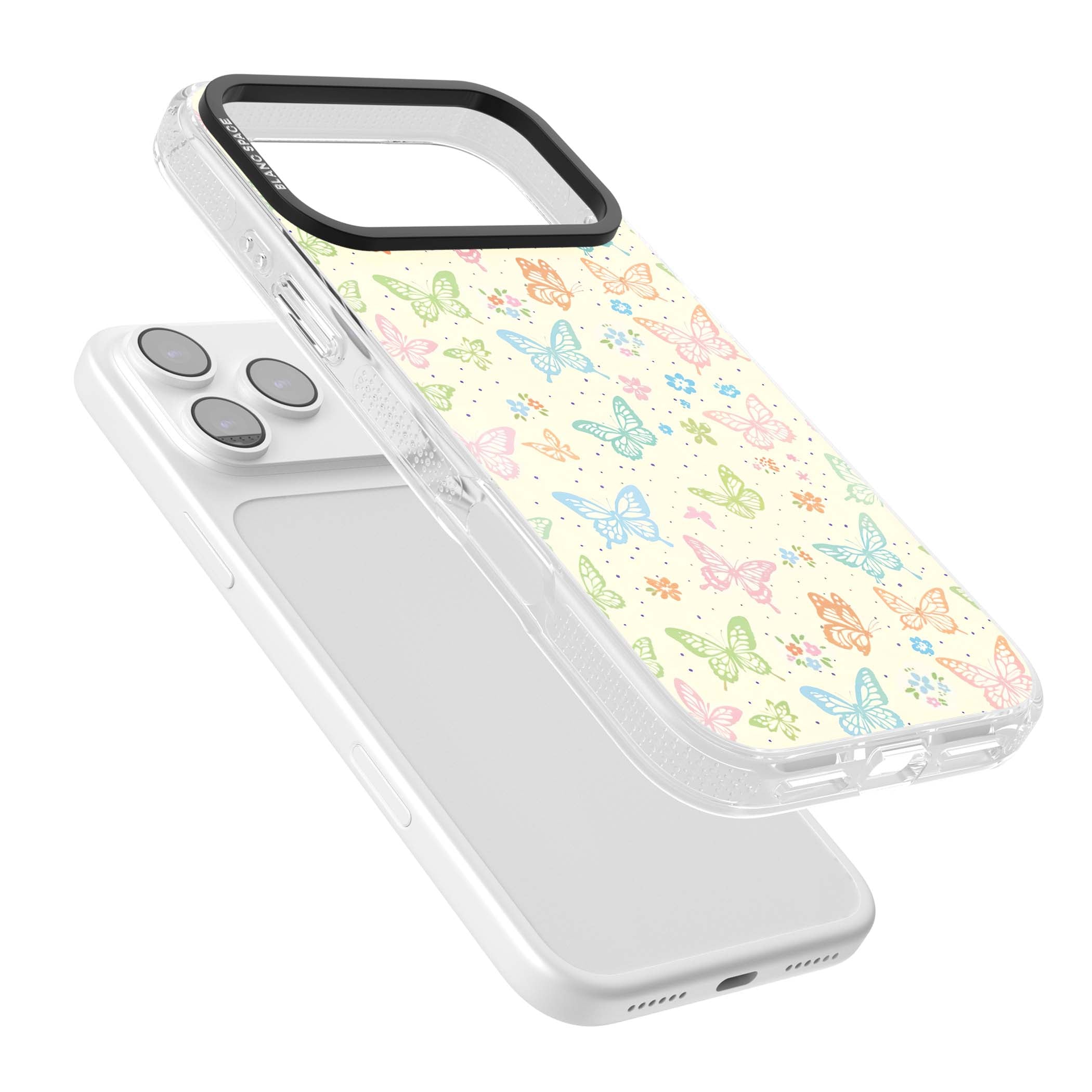 Sugar Wings cottagecore iPhone case featuring rainbow pastel butterflies, tiny wildflowers, and a cream background | Clear Case Impact Air case for iPhone 17 Pro, iPhone 17 Pro Max