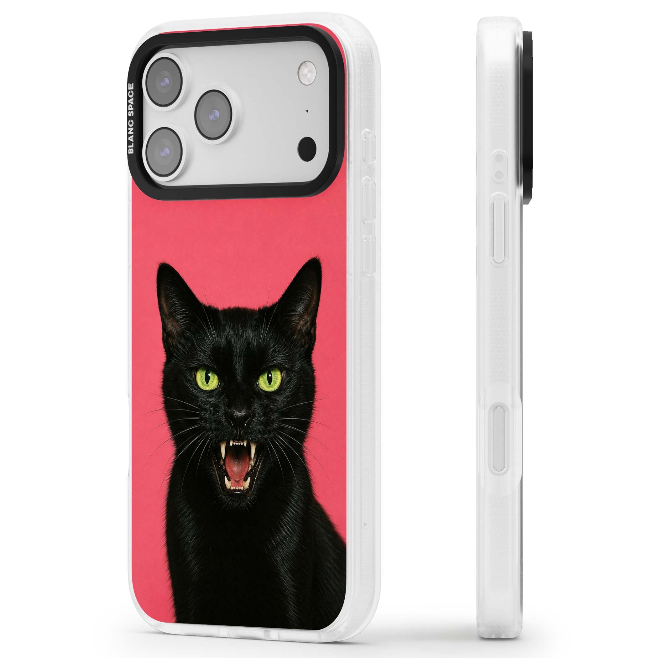 Hissin' Baddie black cat iPhone case featuring a hissing feline with green eyes on a hot pink background | Clear Case Impact Air case for iPhone 17 Pro, iPhone 17 Pro Max