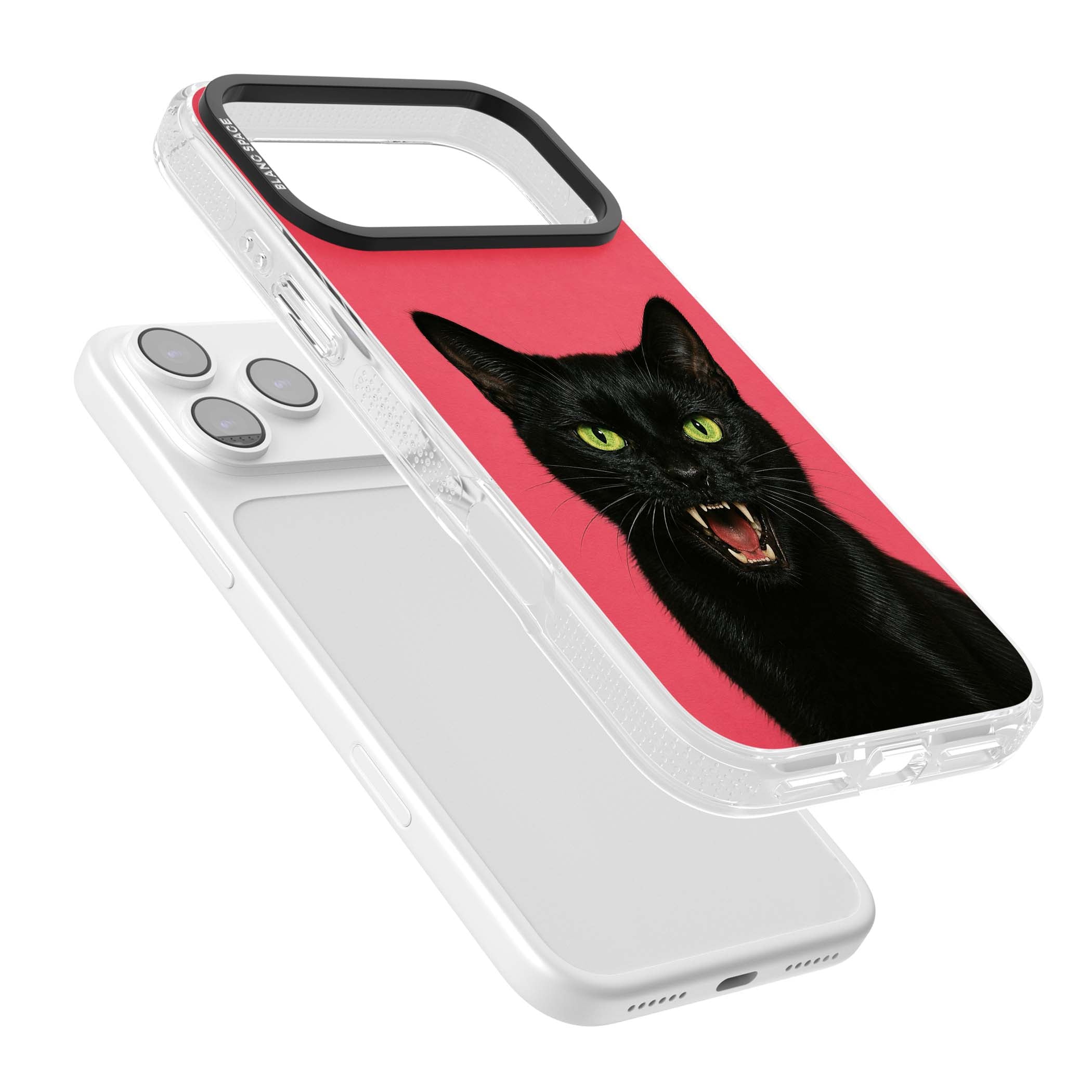Hissin' Baddie black cat iPhone case featuring a hissing feline with green eyes on a hot pink background | Clear Case Impact Air case for iPhone 17 Pro, iPhone 17 Pro Max