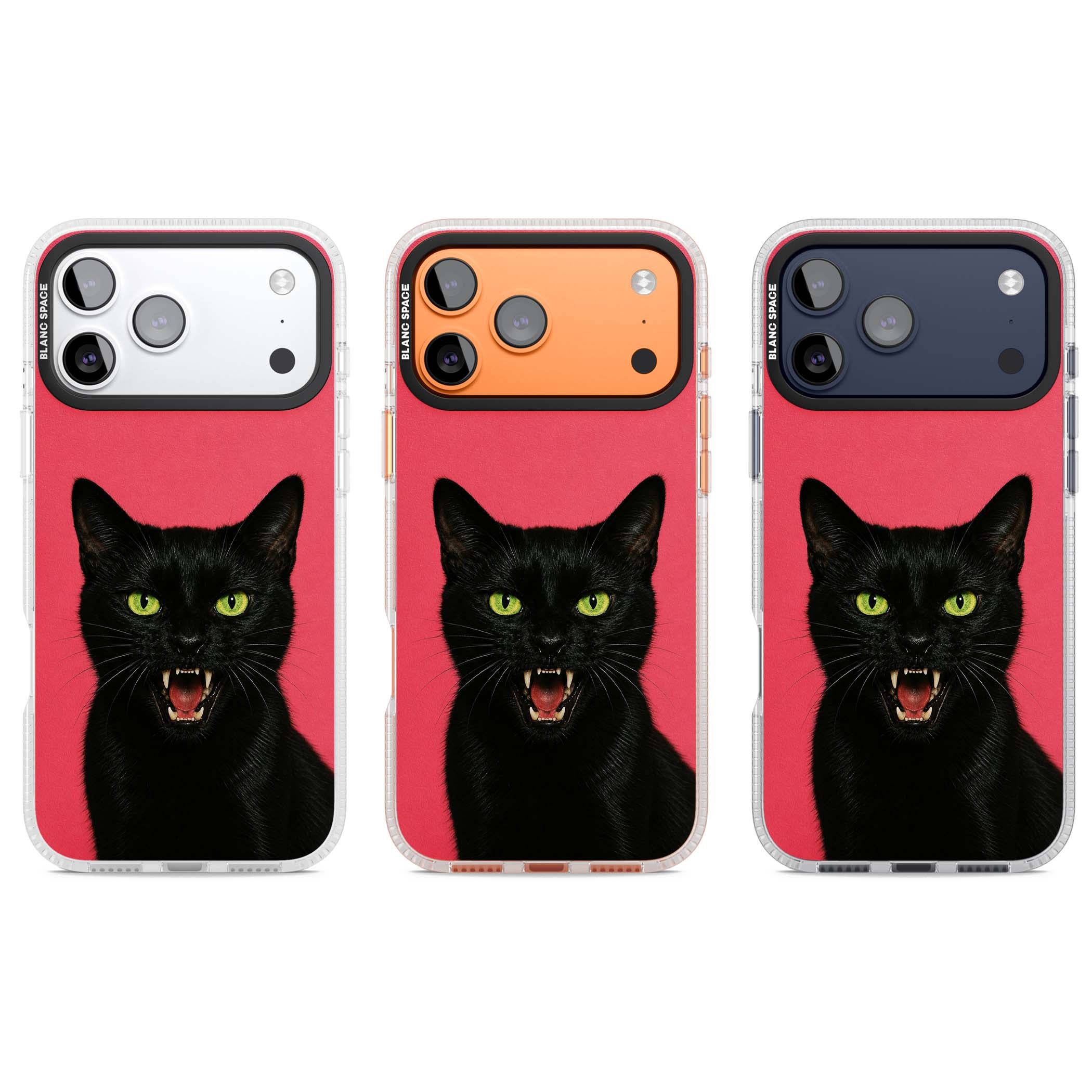 Hissin' Baddie black cat iPhone case featuring a hissing feline with green eyes on a hot pink background | Clear Case Impact Air case for iPhone 17 Pro, iPhone 17 Pro Max