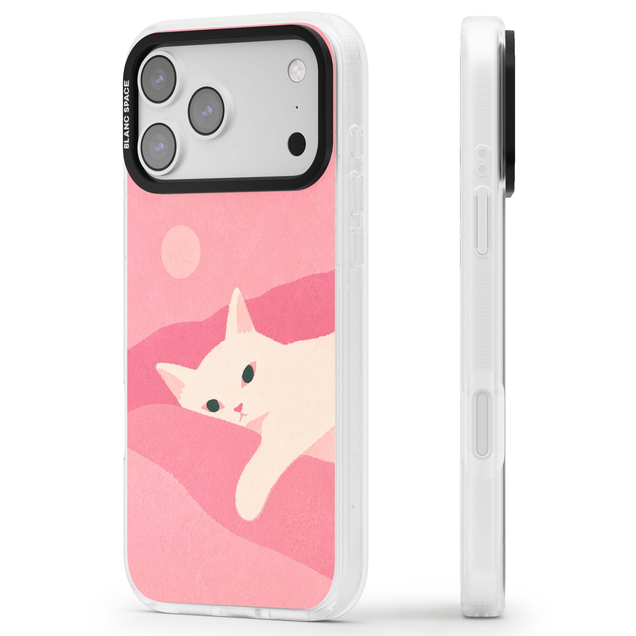 Pink Dreams cute cat iPhone case featuring a white kitten, soft pink hills and a pale pastel sun | Clear Case Impact Air case for iPhone 17 Pro, iPhone 17 Pro Max
