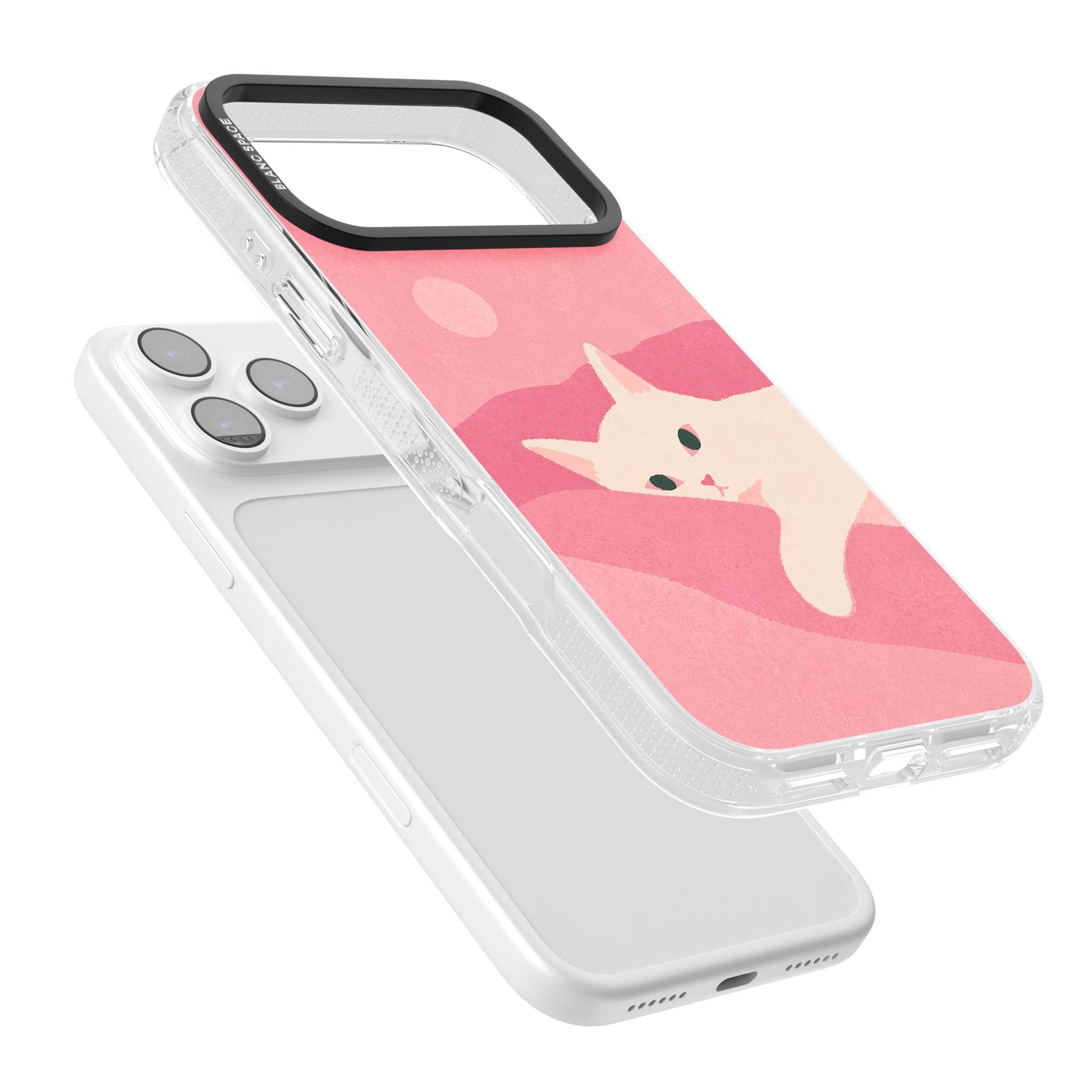 Pink Dreams cute cat iPhone case featuring a white kitten, soft pink hills and a pale pastel sun | Clear Case Impact Air case for iPhone 17 Pro, iPhone 17 Pro Max
