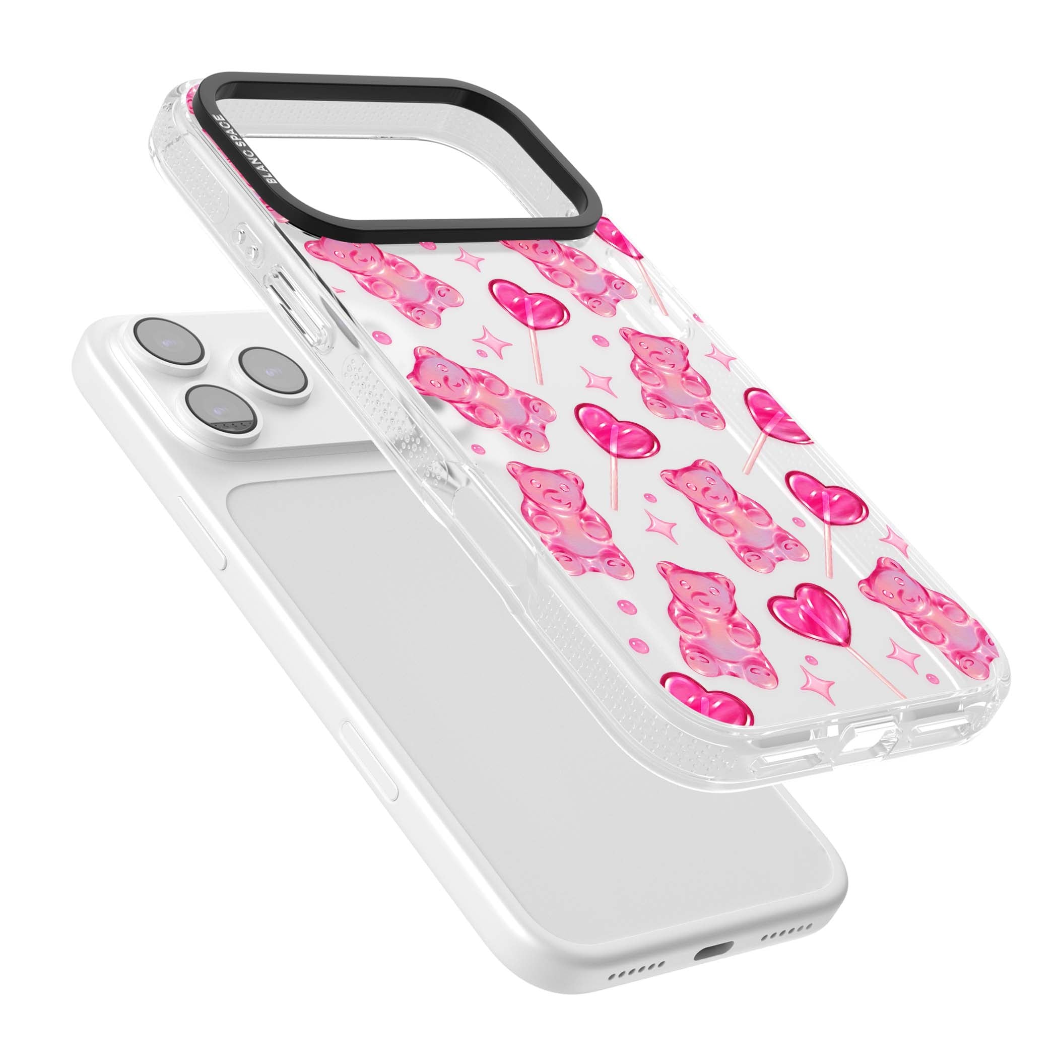 Pink Sugar pinkcore iPhone case featuring pink gummy bears, heart-shaped lollipops and sparkle stars | Clear Case Impact Air case for iPhone 17 Pro, iPhone 17 Pro Max