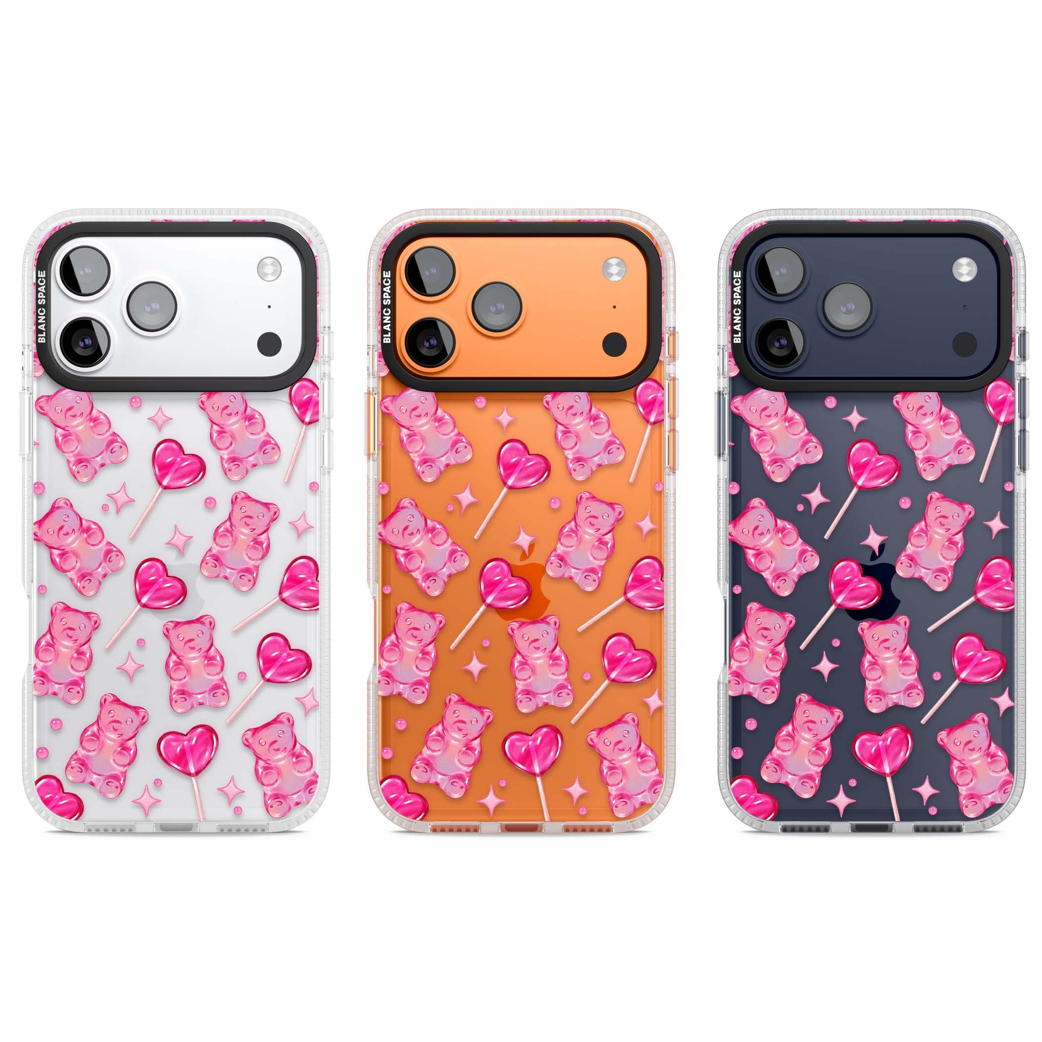 Pink Sugar pinkcore iPhone case featuring pink gummy bears, heart-shaped lollipops and sparkle stars | Clear Case Impact Air case for iPhone 17 Pro, iPhone 17 Pro Max
