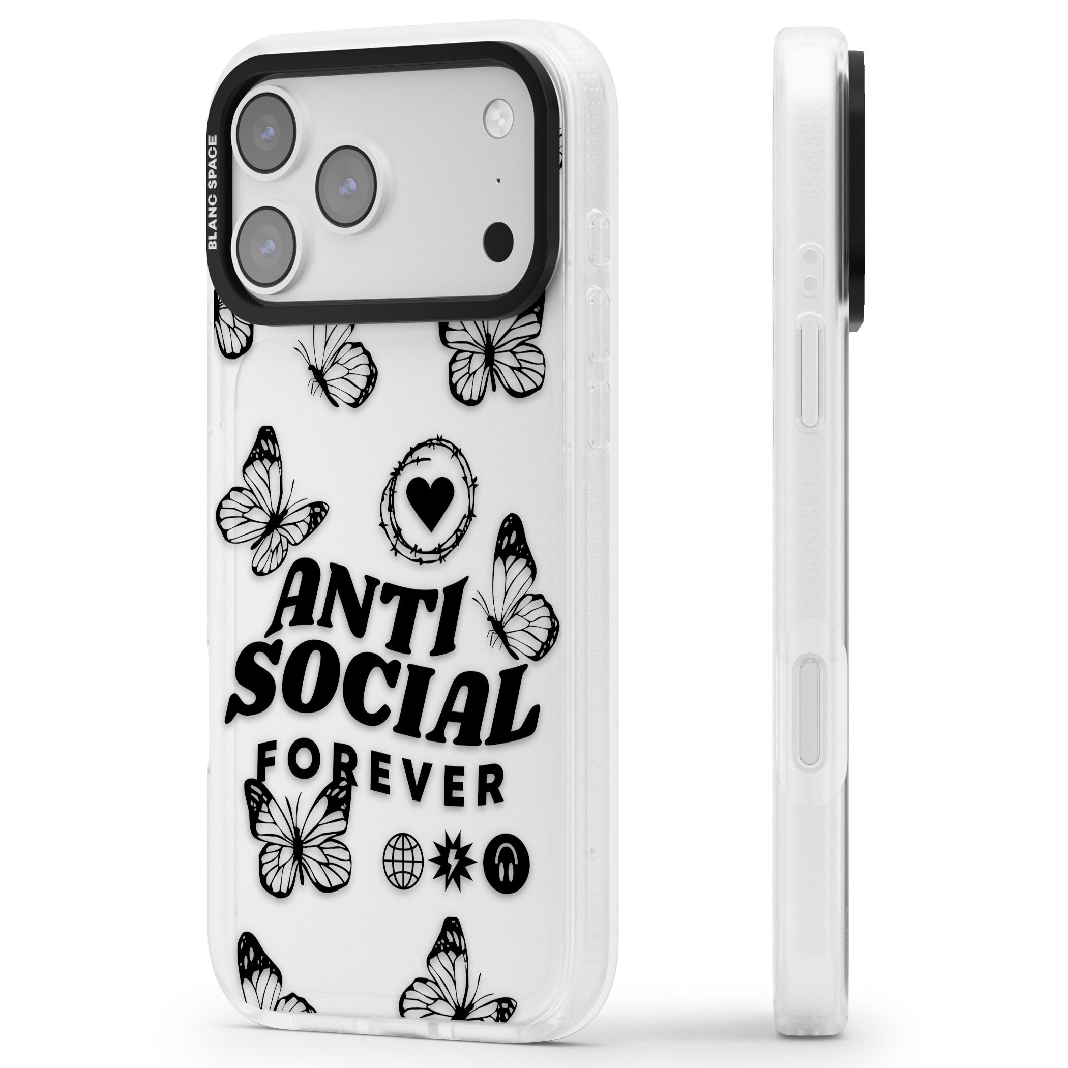 Anti Social Forever iPhone 17 Pro Impact Air Clear Phone Case Side Profile