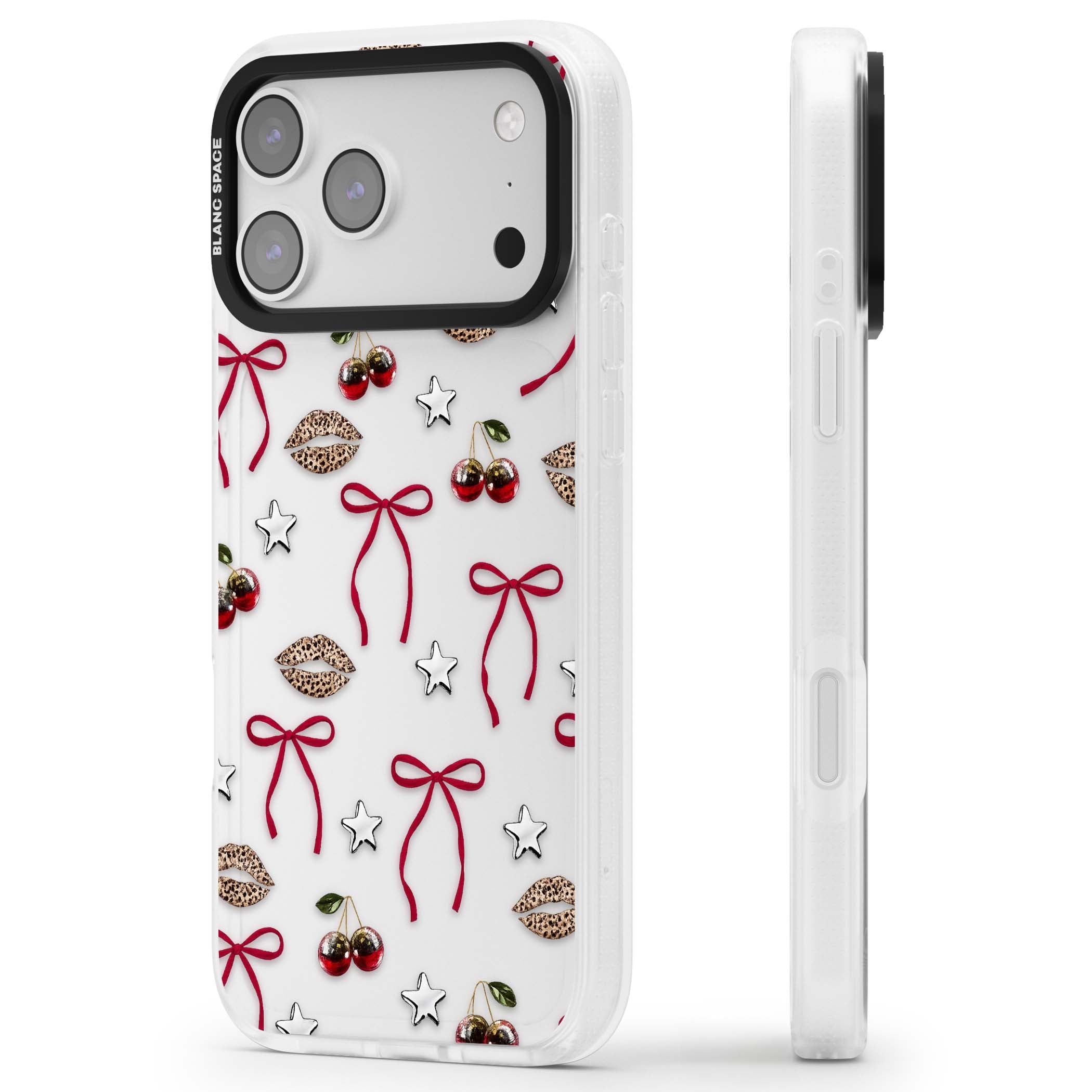 Starlet coquette iPhone case featuring red ribbon bows, disco cherries and leopard-print lips | Clear Case Impact Air case for iPhone 17 Pro, iPhone 17 Pro Max