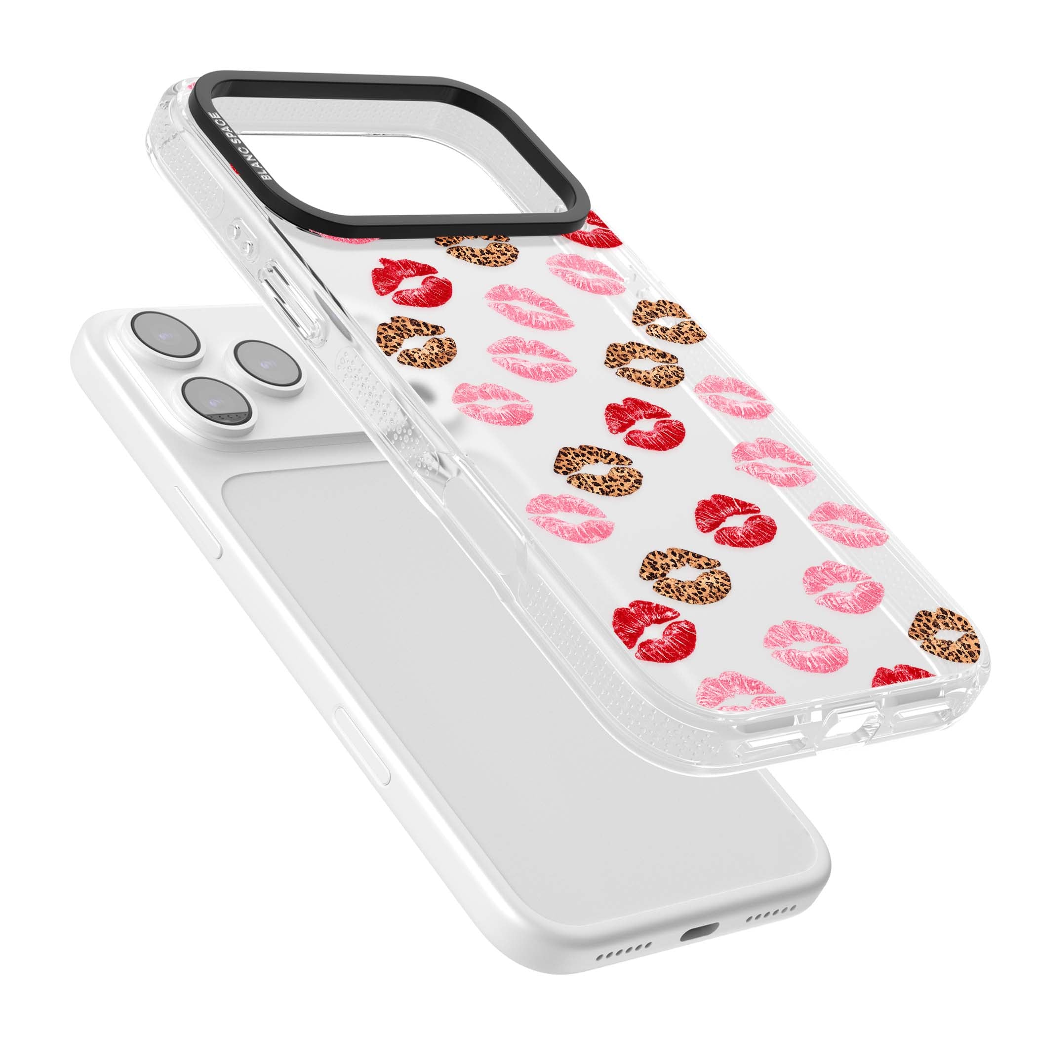 Wild Kisses coquette iPhone case featuring red, pink and leopard print lipstick kiss marks on a clear background | Clear Case Impact Air case for iPhone 17 Pro, iPhone 17 Pro Max