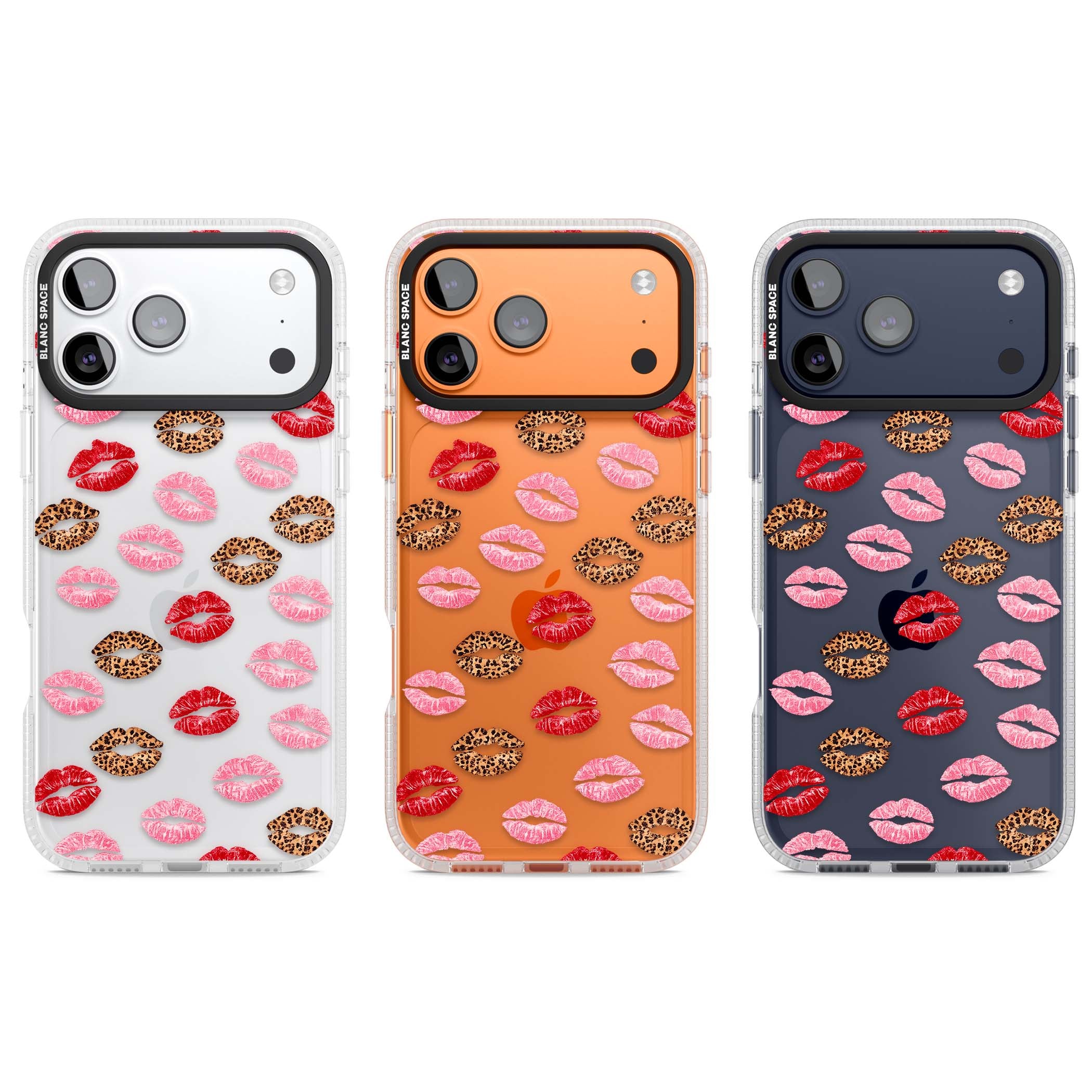 Wild Kisses coquette iPhone case featuring red, pink and leopard print lipstick kiss marks on a clear background | Clear Case Impact Air case for iPhone 17 Pro, iPhone 17 Pro Max