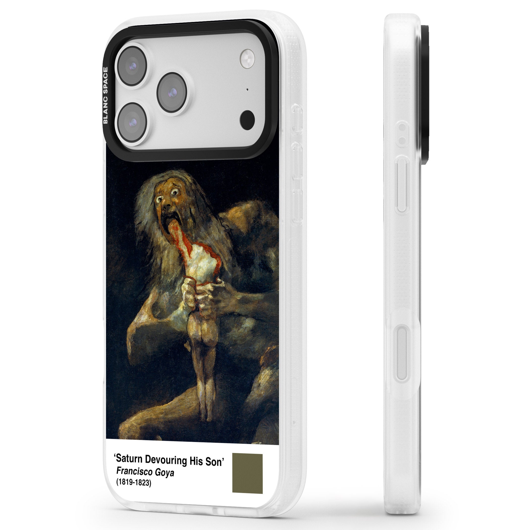 Saturn Devouring His Son iPhone 17 Pro Impact Air Clear Phone Case Side Profile