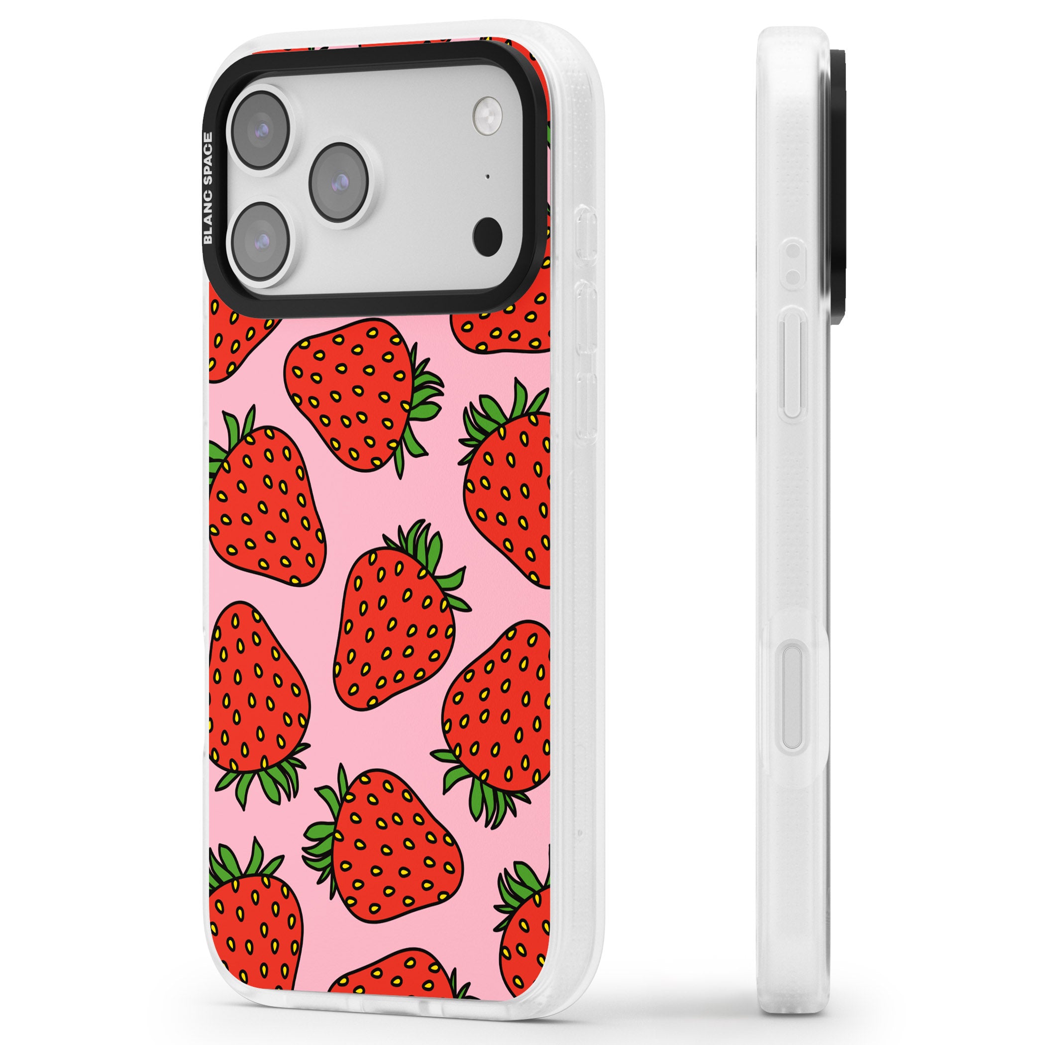 Strawberry Pattern (Pink) iPhone 17 Pro Impact Air Clear Phone Case Side Profile