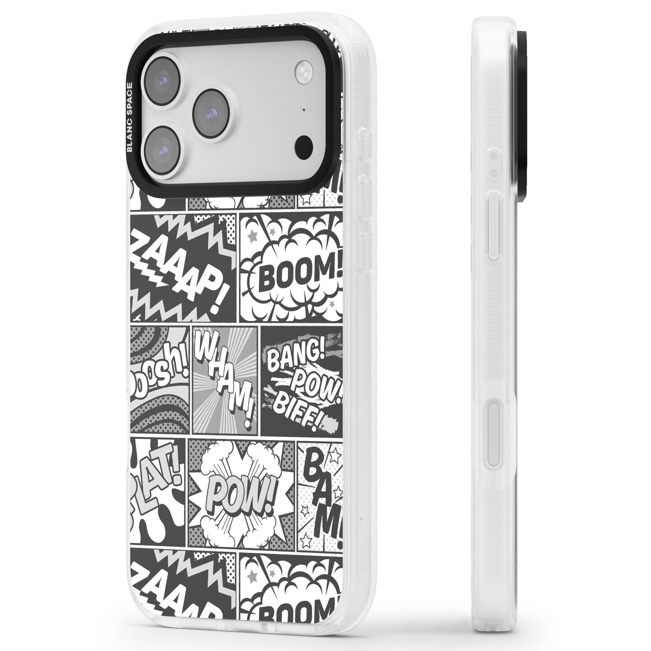 Onomatopoeia (Black & White) iPhone 17 Pro Impact Air Clear Phone Case Side Profile