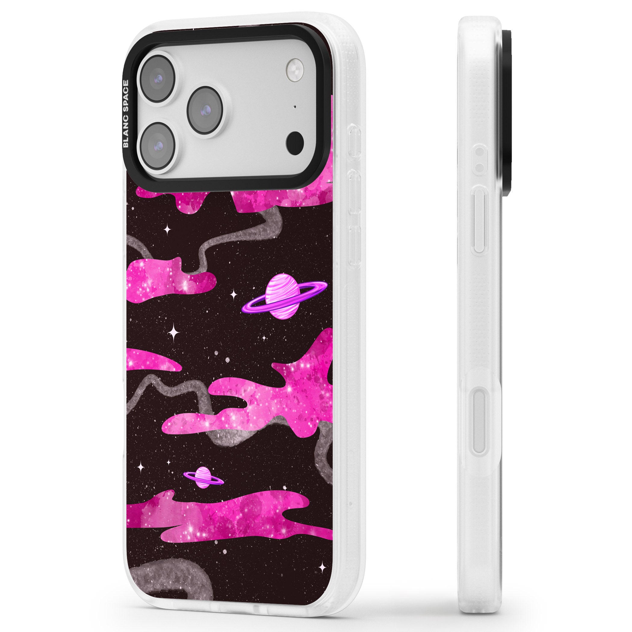 Pink Galaxy iPhone 17 Pro Max Impact Air Clear Phone Case Side Profile