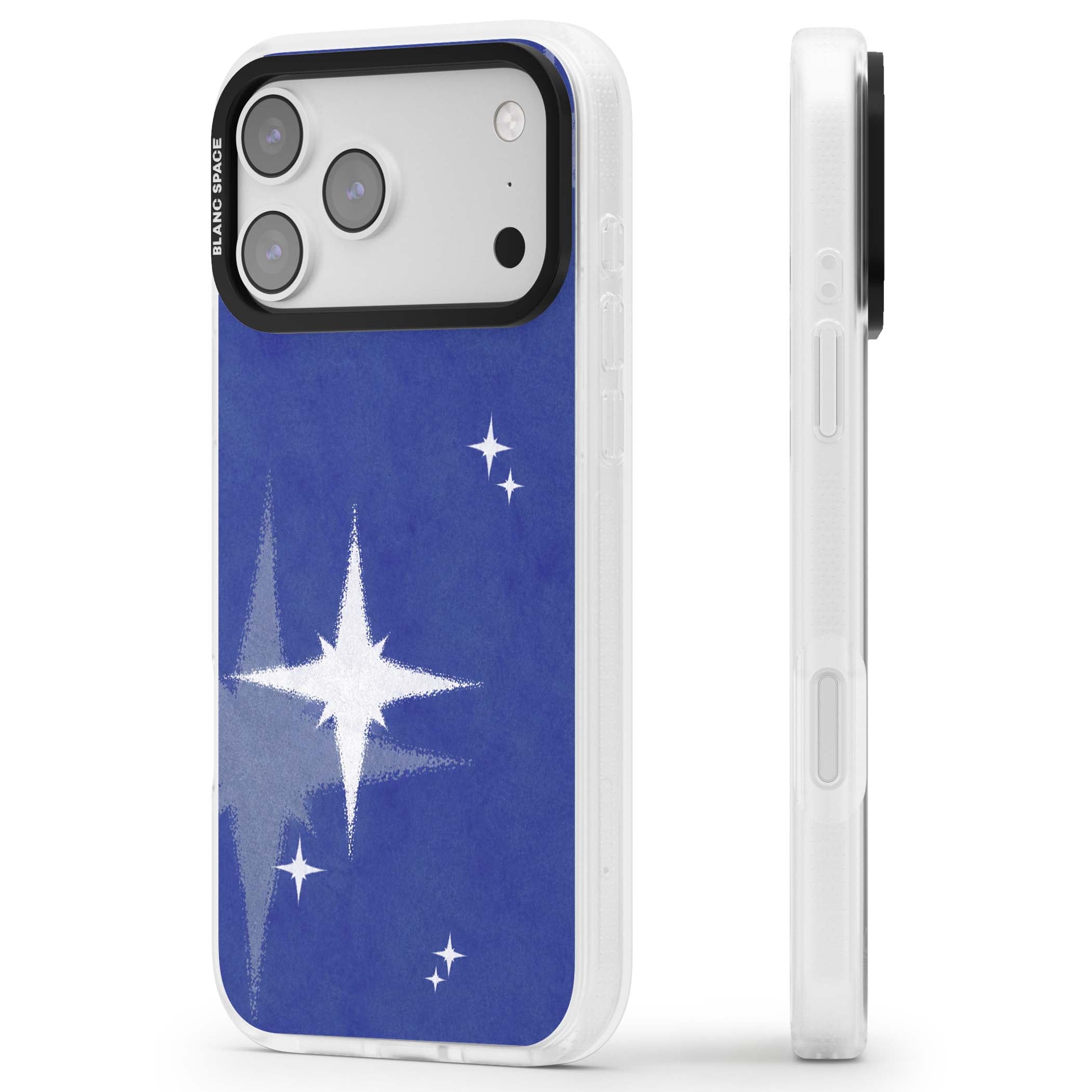 Blue Sparkle celestial iPhone case featuring sparkling silver stars on a deep blue painterly night sky | Clear Case Impact Air case for iPhone 17 Pro, iPhone 17 Pro Max