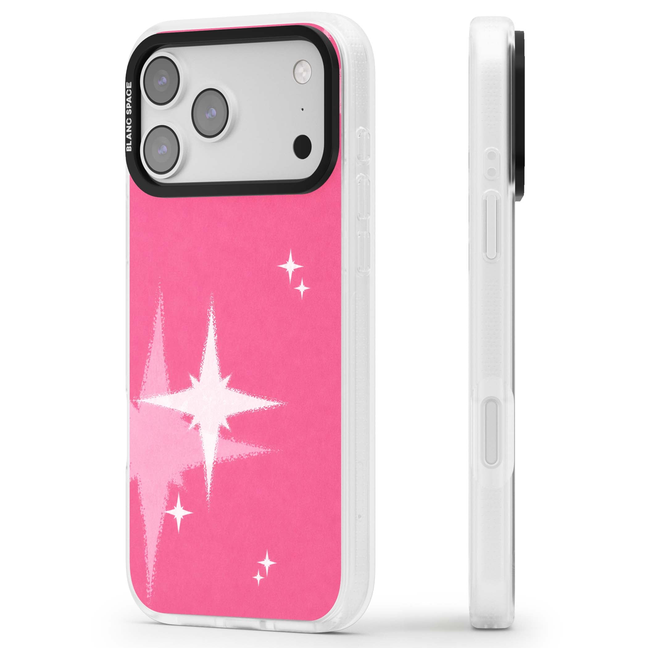Pink Sparkle Y2K iPhone case featuring hot pink background with shimmering white starburst pattern | Clear Case Impact Air case for iPhone 17 Pro, iPhone 17 Pro Max