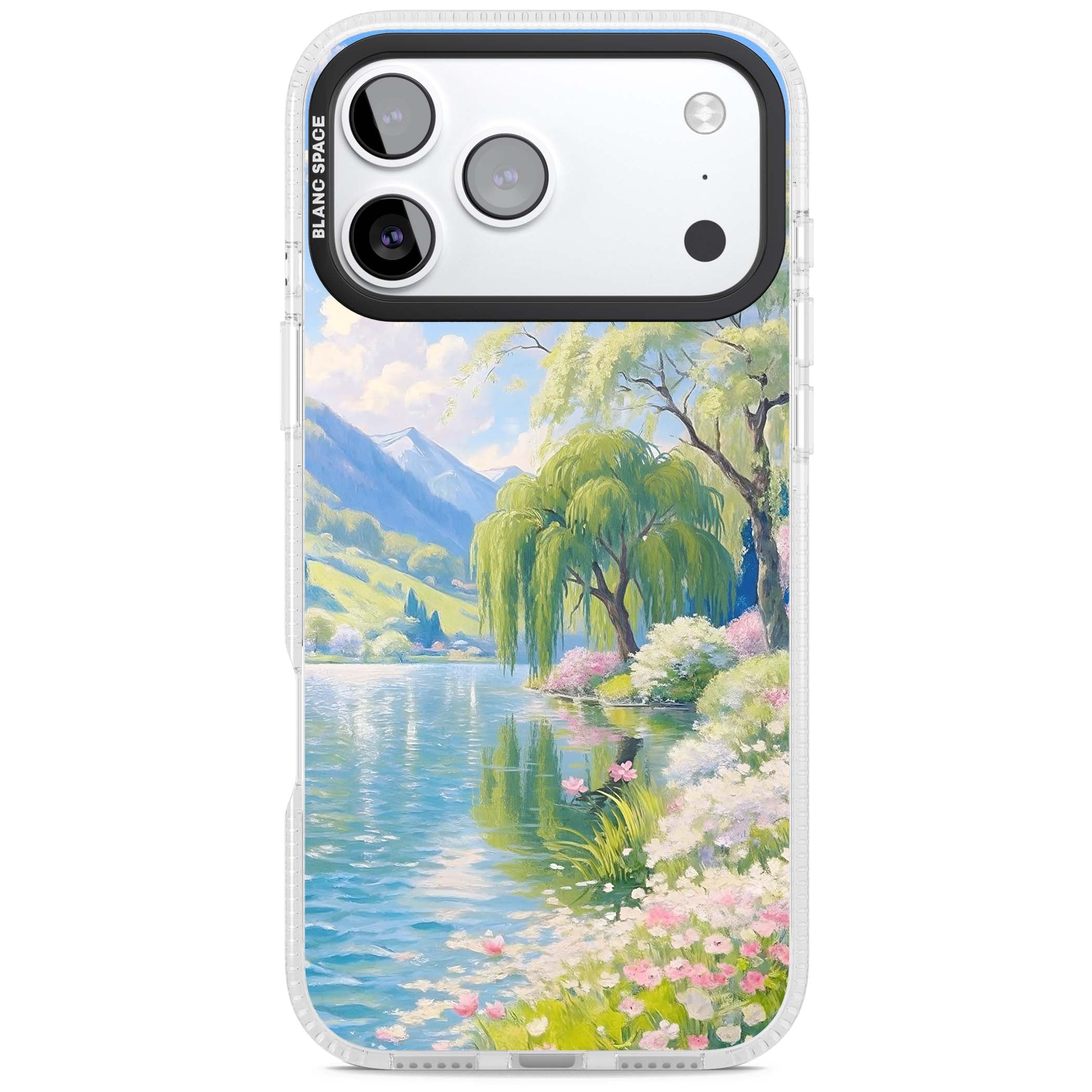 Willow Lake cottagecore iPhone case featuring a painted lakeside with weeping willow, blossoms and distant mountains | Clear Case Impact Air case for iPhone 17 Pro, iPhone 17 Pro Max