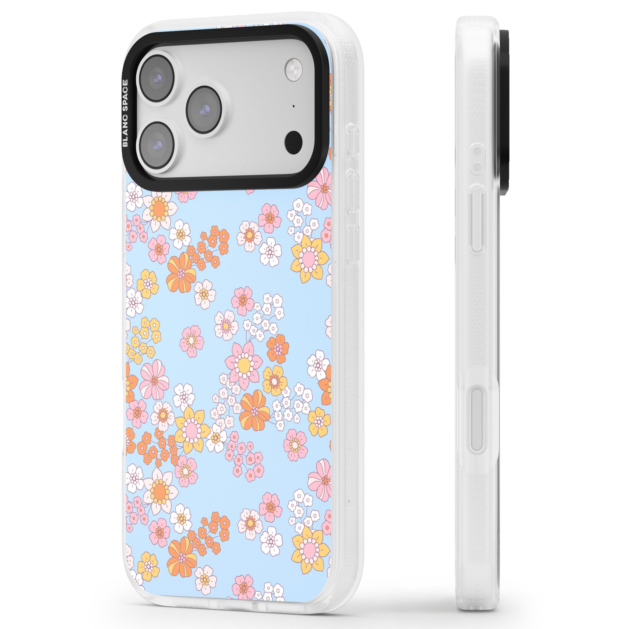 Lake Blue Flower Mix iPhone 17 Pro Max Impact Air Clear Phone Case Side Profile