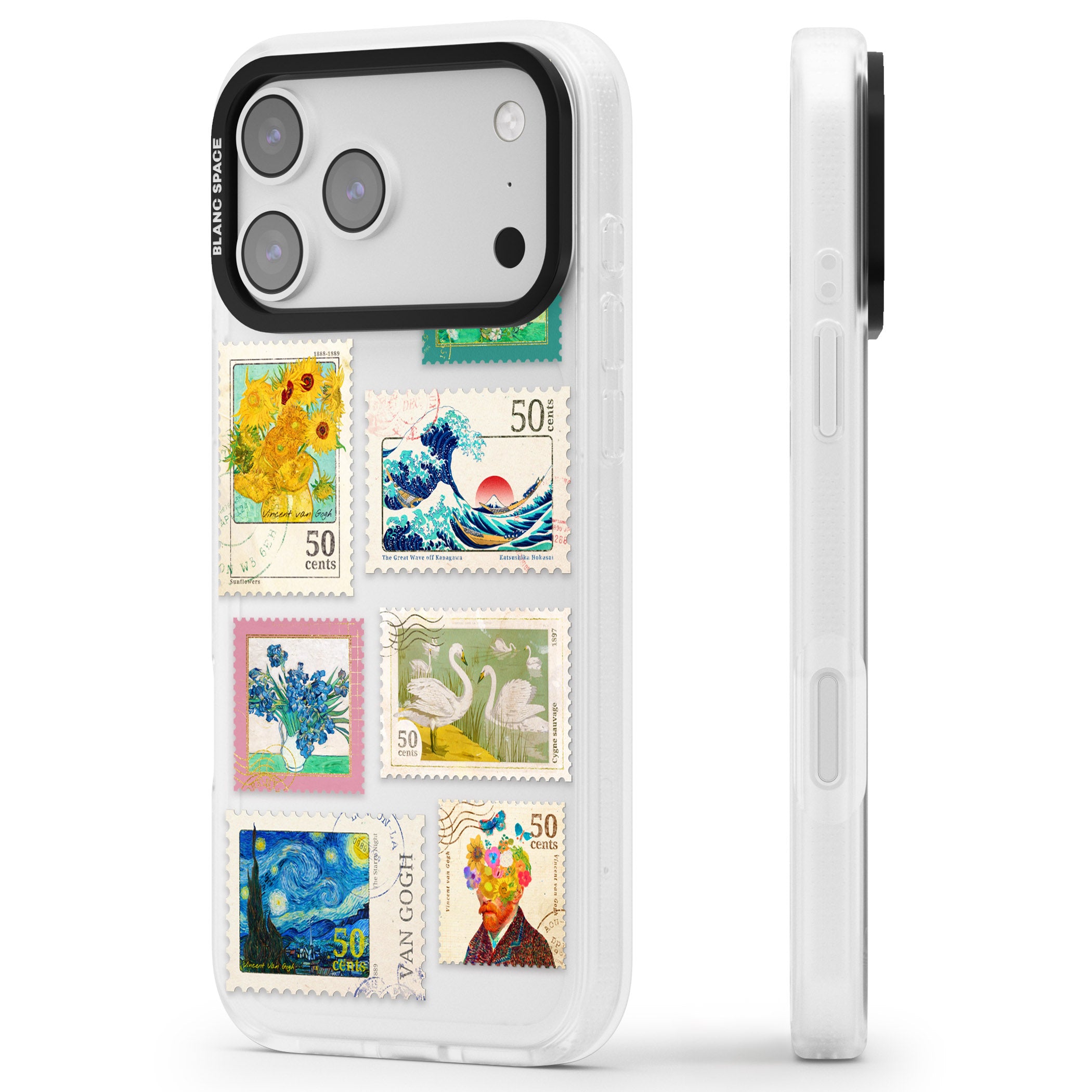 Vintage Art Stamps iPhone 17 Pro Max Impact Air Clear Phone Case Side Profile