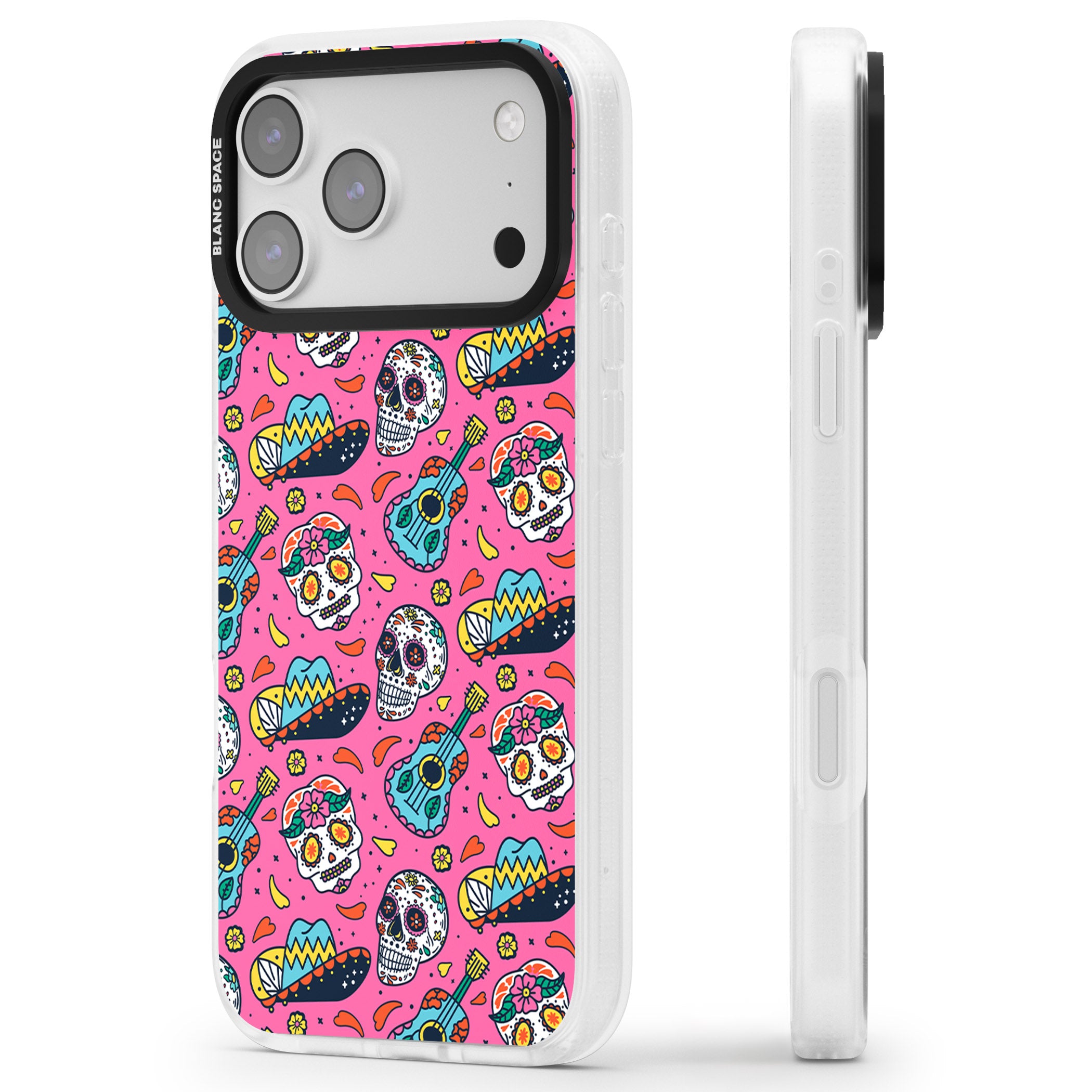Pink Day Of The Dead Pattern iPhone 17 Pro Impact Air Clear Phone Case Side Profile