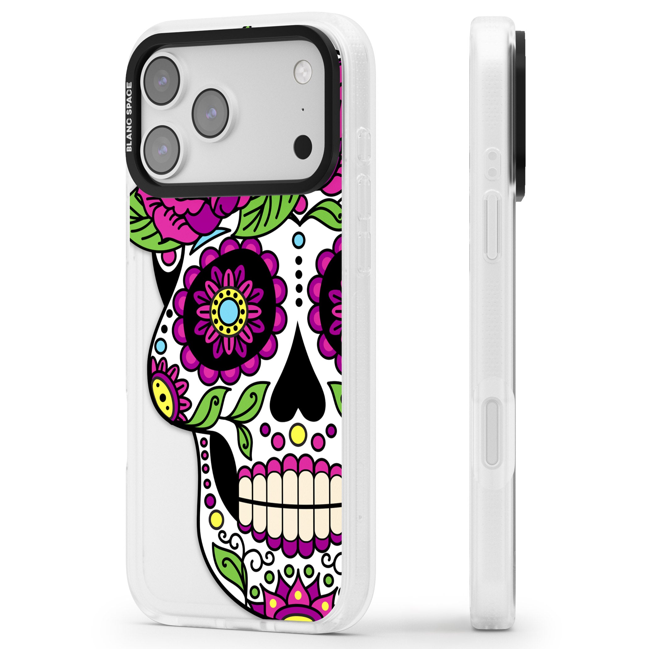Purple Floral Sugar Skull iPhone 17 Pro Impact Air Clear Phone Case Side Profile