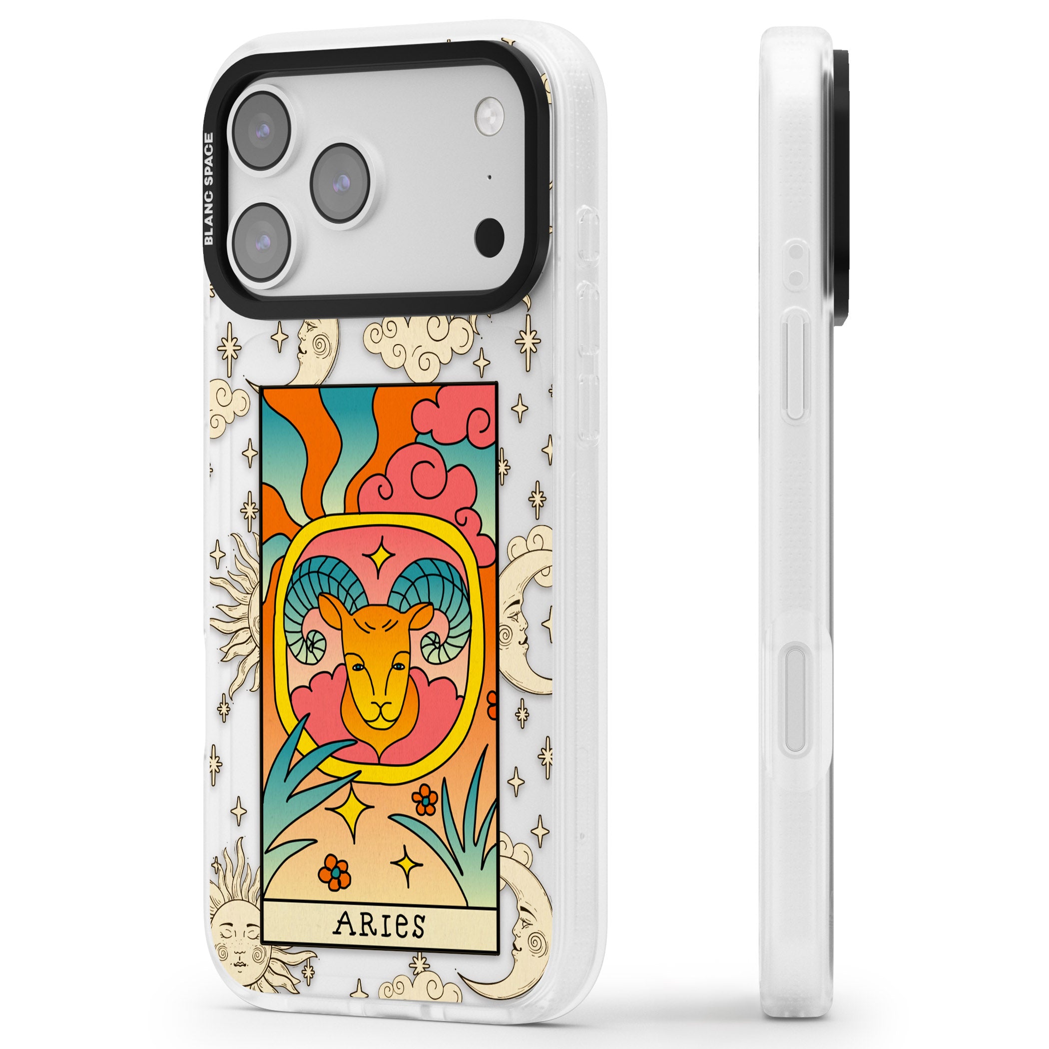 Celestial Zodiac Aries iPhone 17 Pro Impact Air Clear Phone Case Side Profile