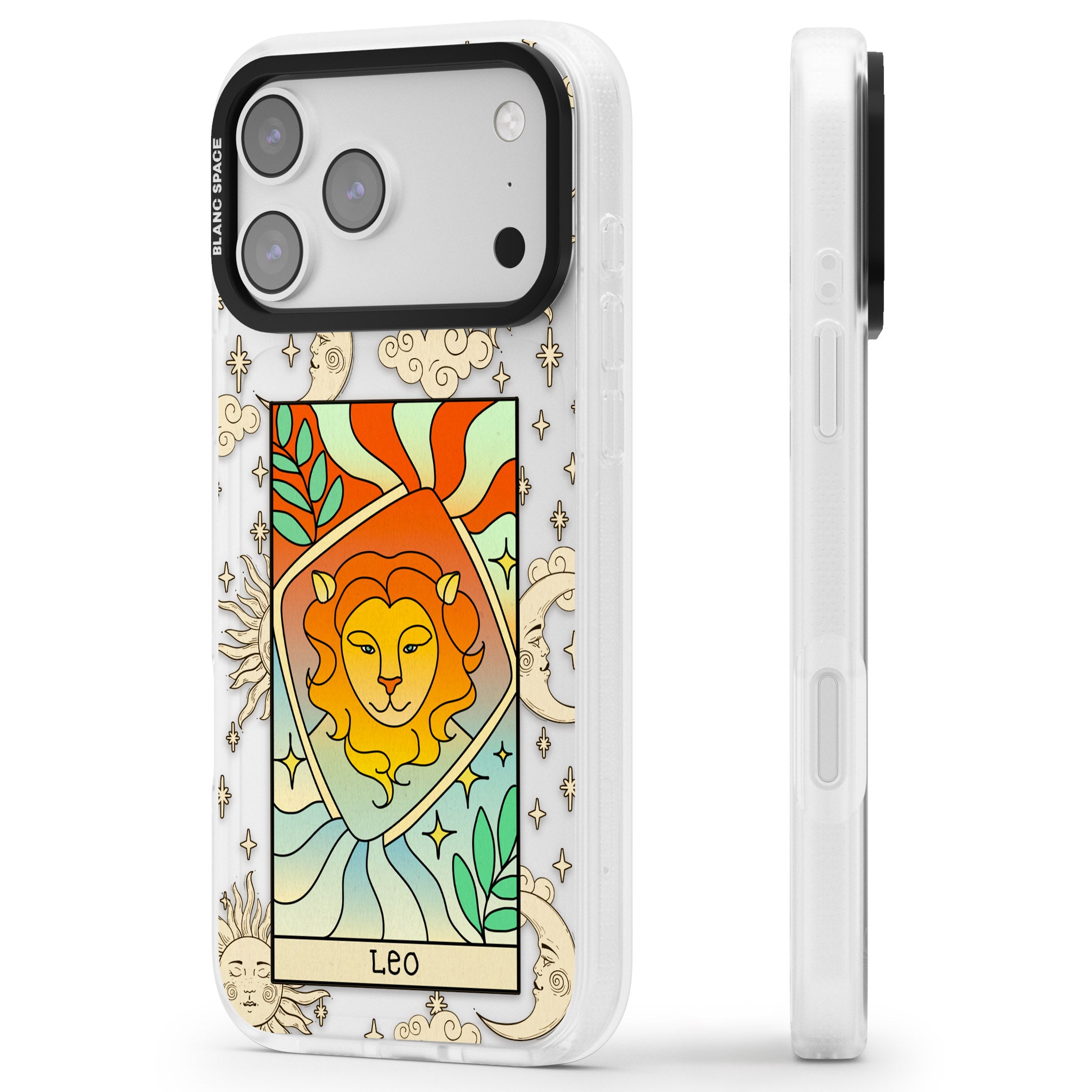 Celestial Zodiac Leo iPhone 17 Pro Impact Air Clear Phone Case Side Profile