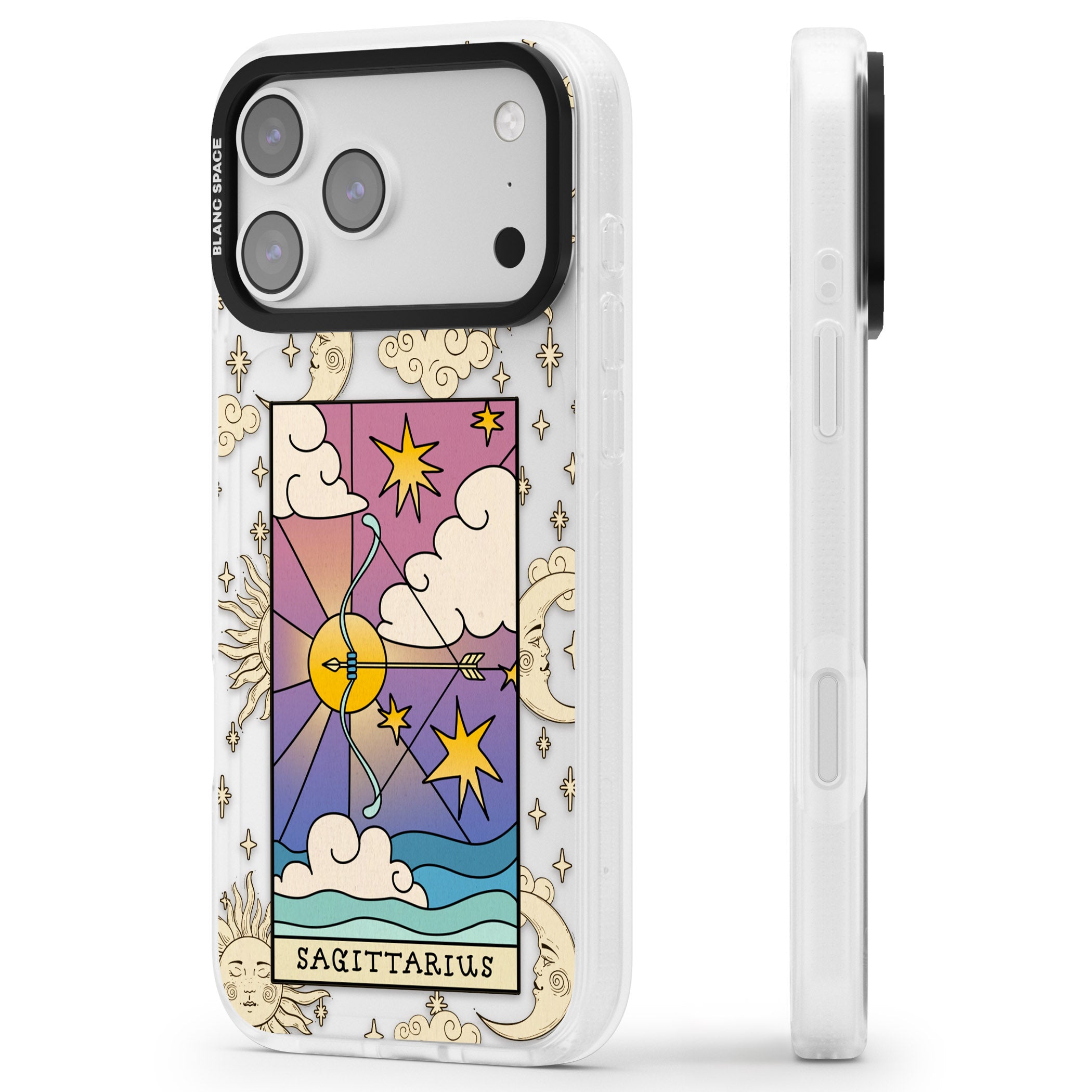 Celestial Zodiac Sagittarius iPhone 17 Pro Impact Air Clear Phone Case Side Profile